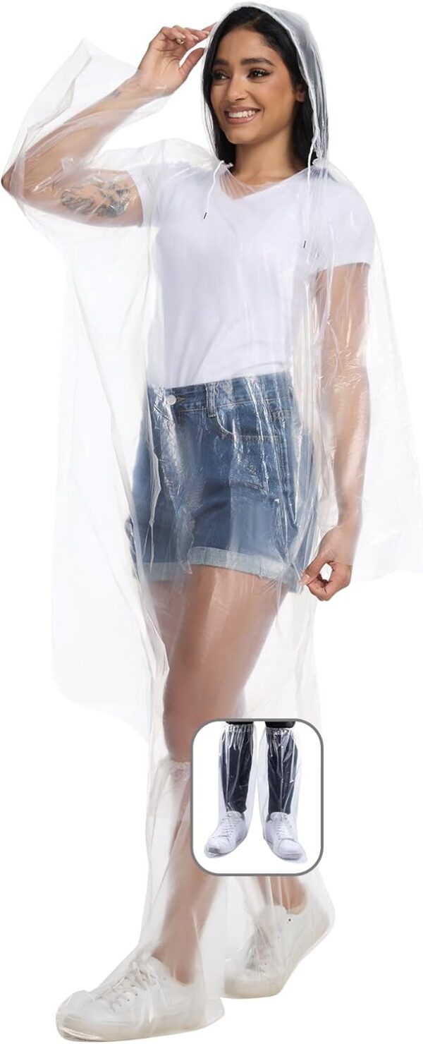 BATHRINS Disposable Rain Ponchos For Adults – 3 Emergency Clear Ponchos With Hoods And 3 Pairs Of Waterproof Boot Covers