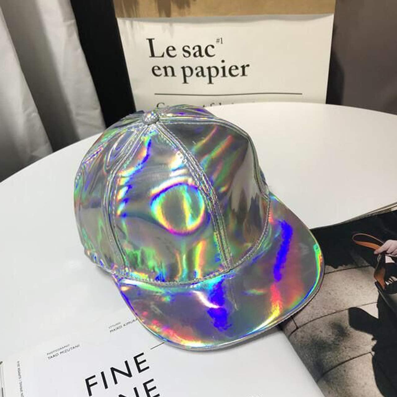 FALETO Adjustable Shiny Holographic Baseball Cap Rainbow Reflective Hip Hop Rave Hat Metallic Casual Cap - Image 4