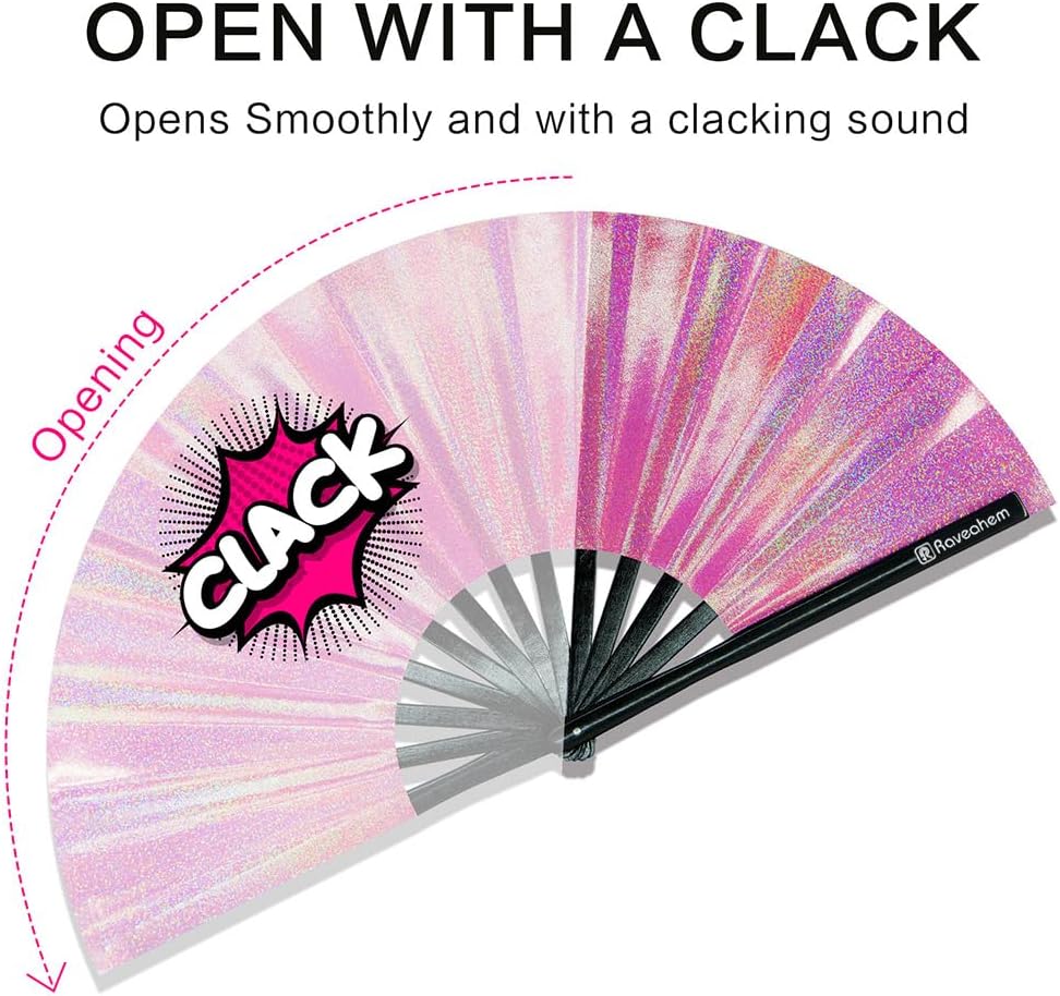 Large Rave Fan, Clack Folding Hand Fan with Premium Fabric, Thick Bamboo Frame for Men Women Gift for EDM, Festival, Club, Party, Dance, Decoration (Lridescent Pink, 13") - Image 5