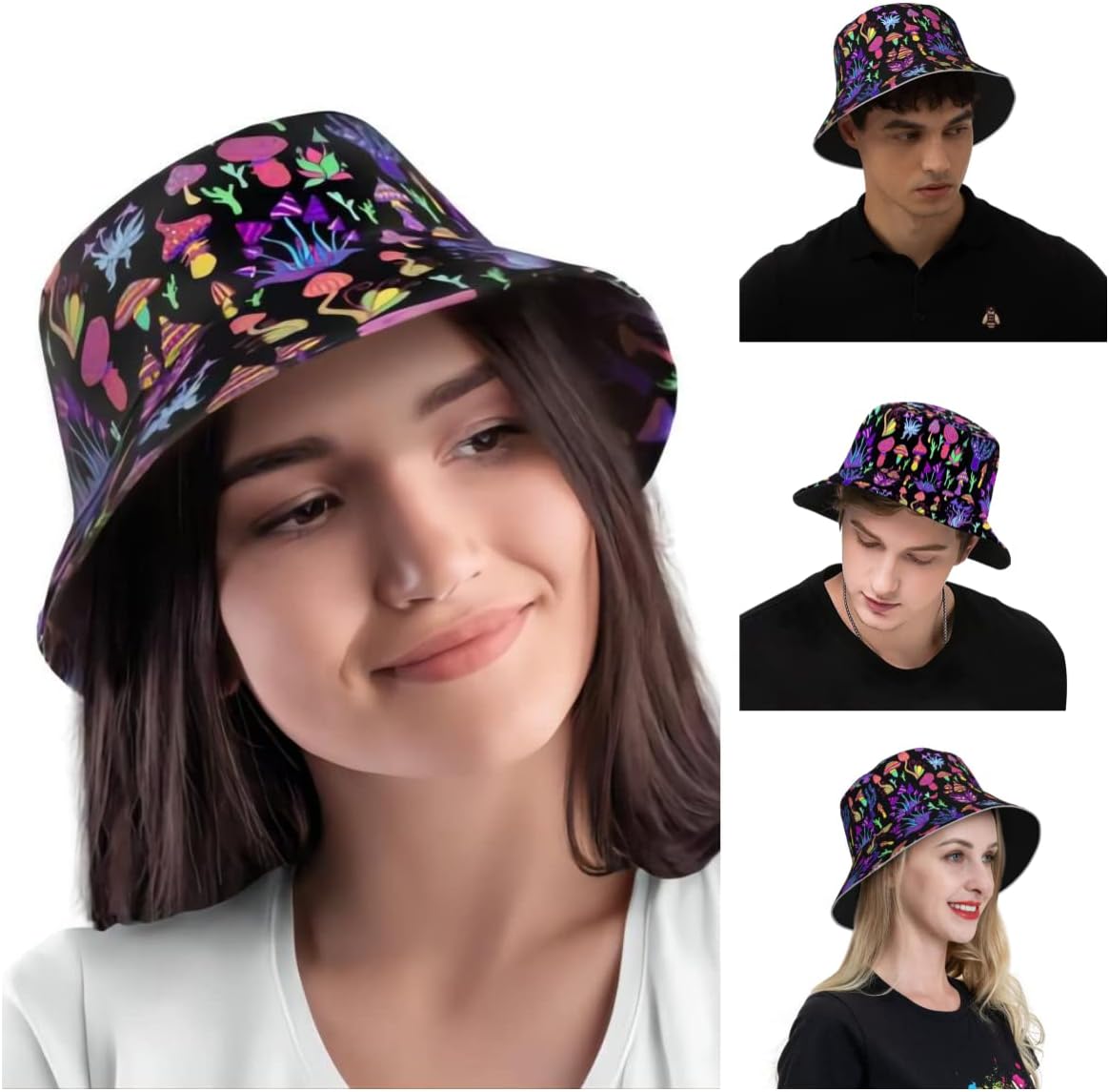 Mushroom Bucket Hats for Women Men Rave Trippy Festival Outfits Accessories for Women Summer Beach Sun Hat Packable Fisherman Cap Mushroom Gifts - Image 4