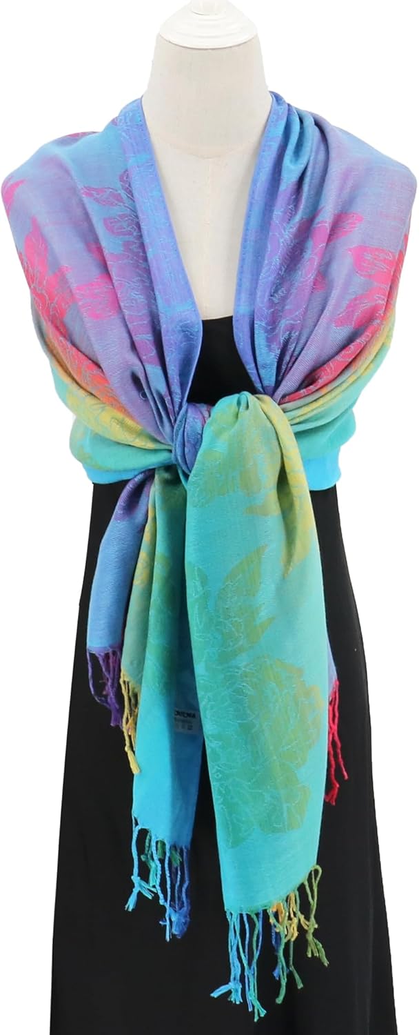 Colorful Pashmina Shawls and Wraps - Soft Rave Scarf Jacquard Silk Satin Rainbow Scarf with Tassels - Image 3