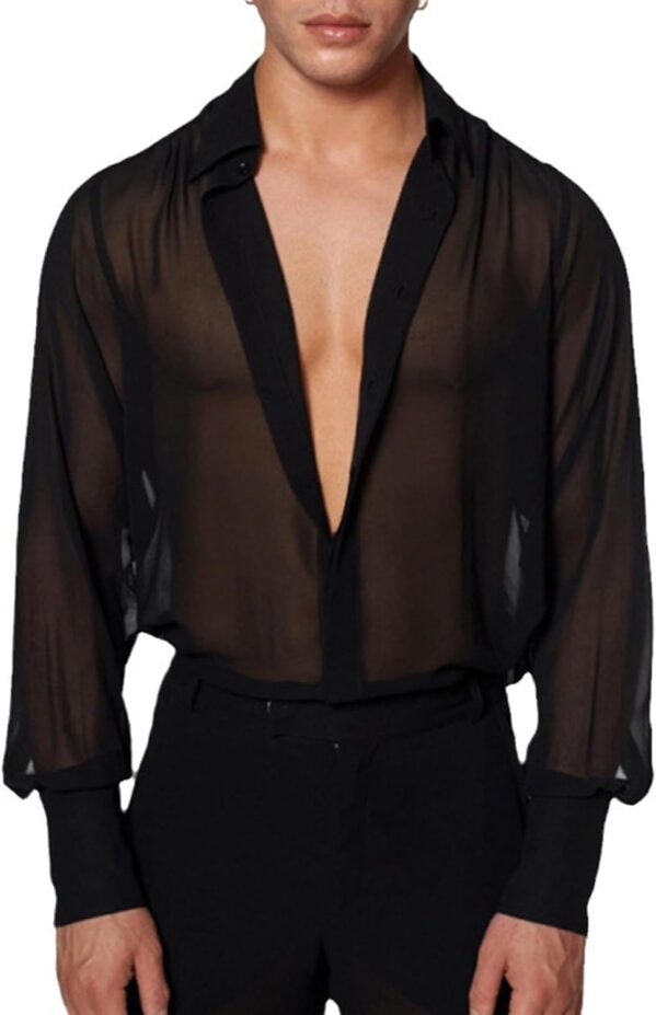Men’s Mesh Sheer See Through Long Sleeve Rave Disco Outfit Collar Button Front Party Shirt Tops