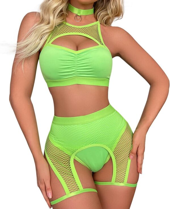 ABAFIP Women Rave Outfits Cutout Fishnet Top Booty Shorts Bottom Choker 3Pcs Babydoll Nightwear Festival Lingerie