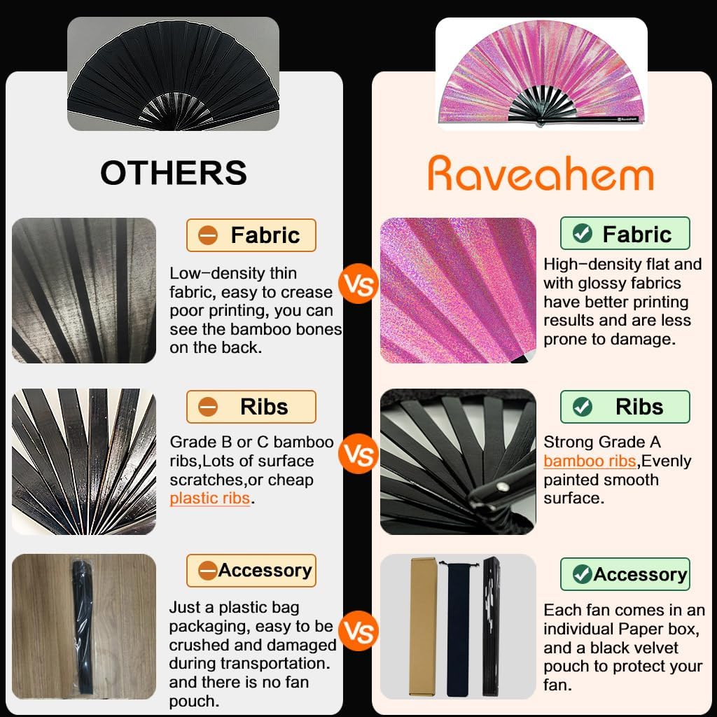 Large Rave Fan, Clack Folding Hand Fan with Premium Fabric, Thick Bamboo Frame for Men Women Gift for EDM, Festival, Club, Party, Dance, Decoration (Lridescent Pink, 13") - Image 6