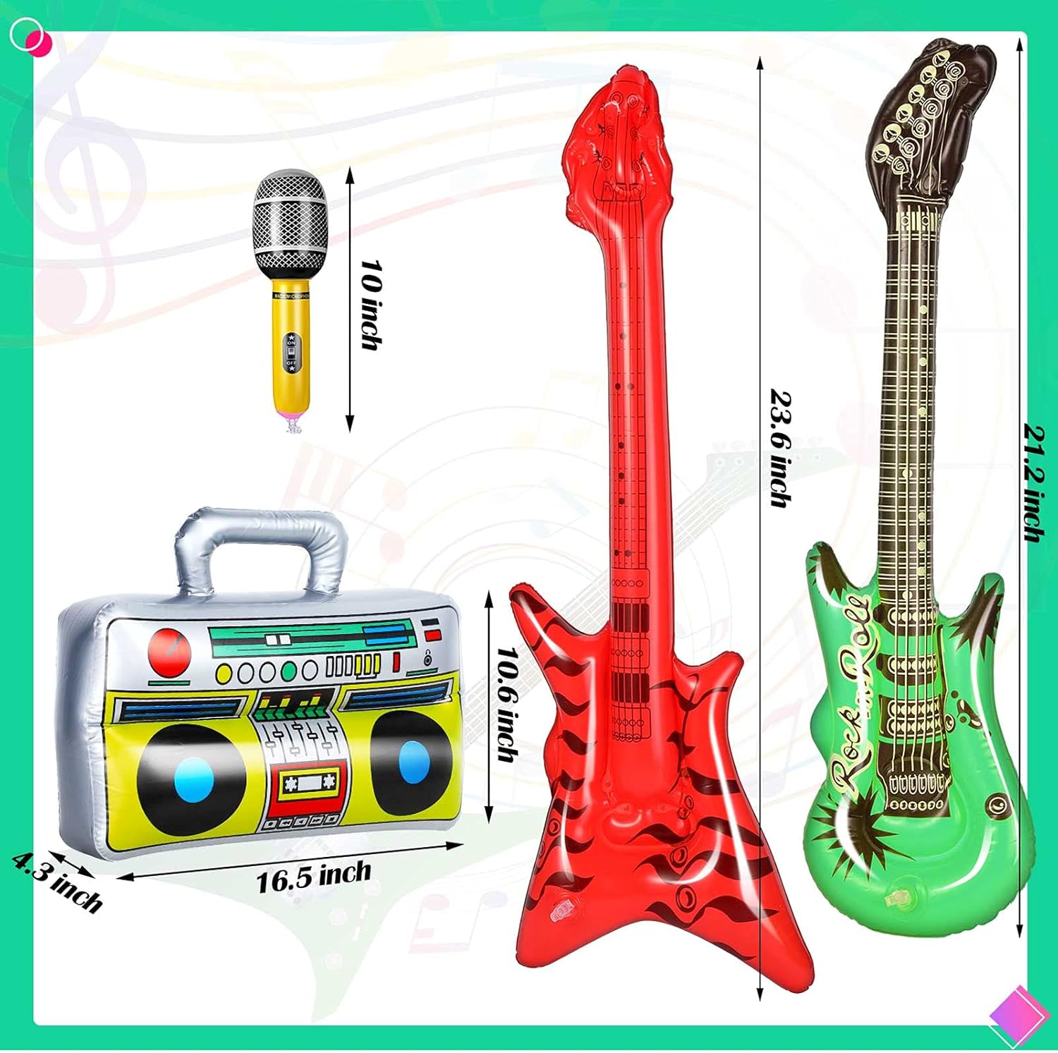 BBTO 15 Pcs Inflatable Rock Star Toy Set Party Props Musical Instrument Blow up Guitar Inflate 80s 90s Party Decorations Rock Band Bass Guitar Microphones Box Toys for Carnival Concert Favors - Image 2