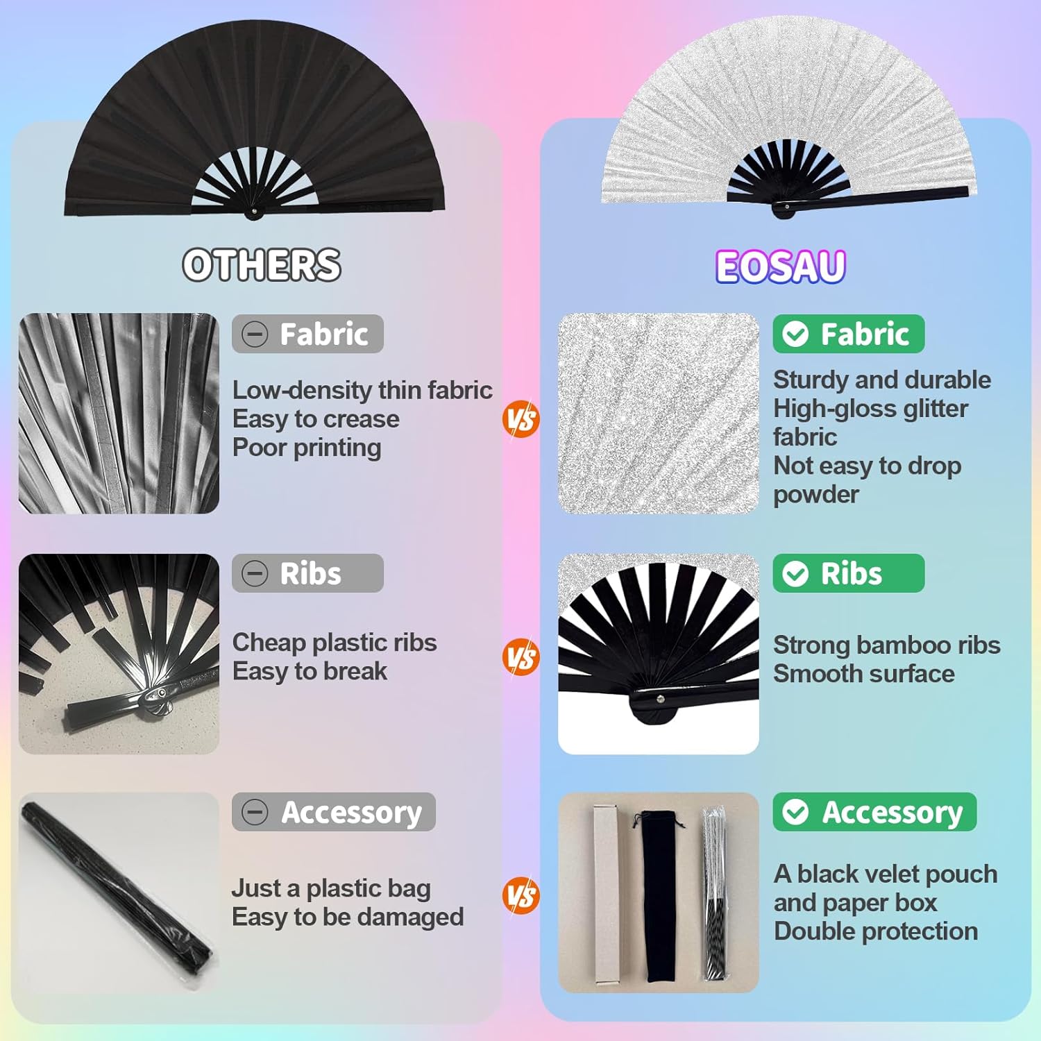 Large Glitter Rave Fan Folding Hand Fans for Line Dancing Portable Handheld Clack Fan for Festival EDM Party Music Outfit Accessories (Glitter White) - Image 6