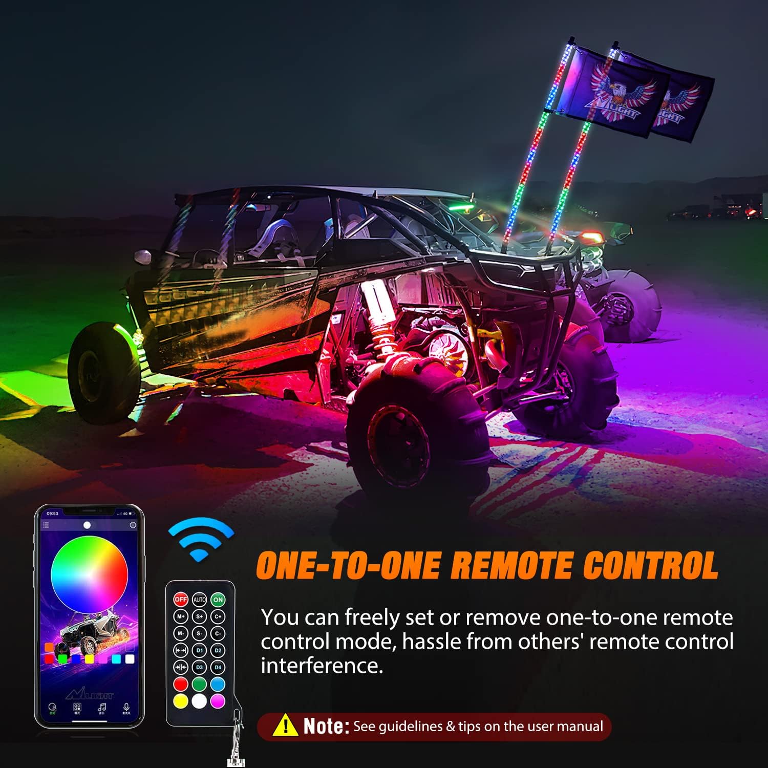 Nilight 2PCS 3FT RGB LED Whip Light and 4 PCS Rock Lights Combo, Remote & App Control w/DIY Chasing Patterns Stop Turn Reverse Safety Antenna Lighted Whips for ATV UTV - Image 5