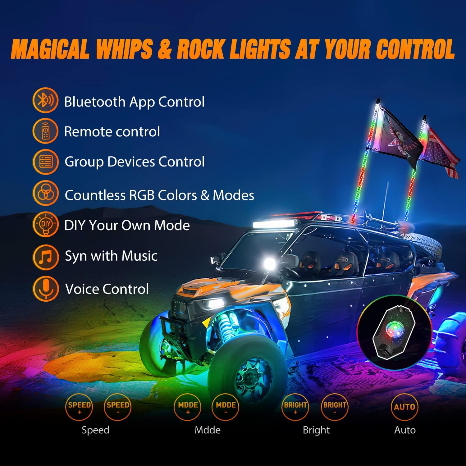 Nilight 2PCS 3FT RGB LED Whip Light and 4 PCS Rock Lights Combo, Remote & App Control w/DIY Chasing Patterns Stop Turn Reverse Safety Antenna Lighted Whips for ATV UTV - Image 2