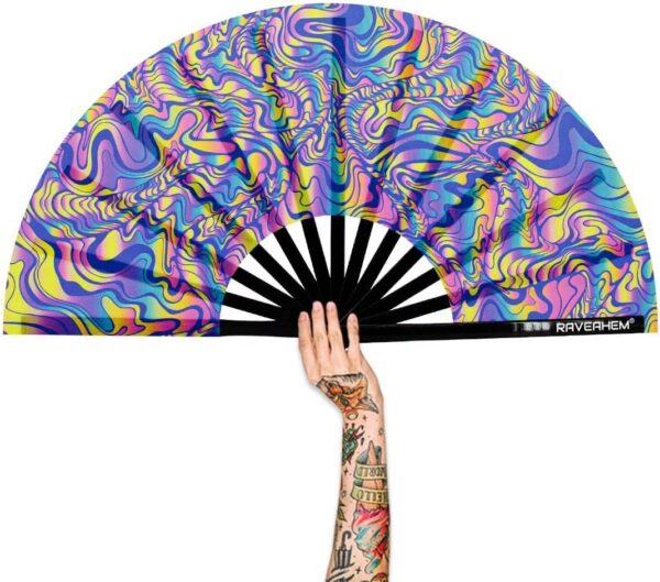 UV Glow Rave Fan, Bamboo Folding Clack Hand Fan for Men Women (Waves-2, Large 13″)