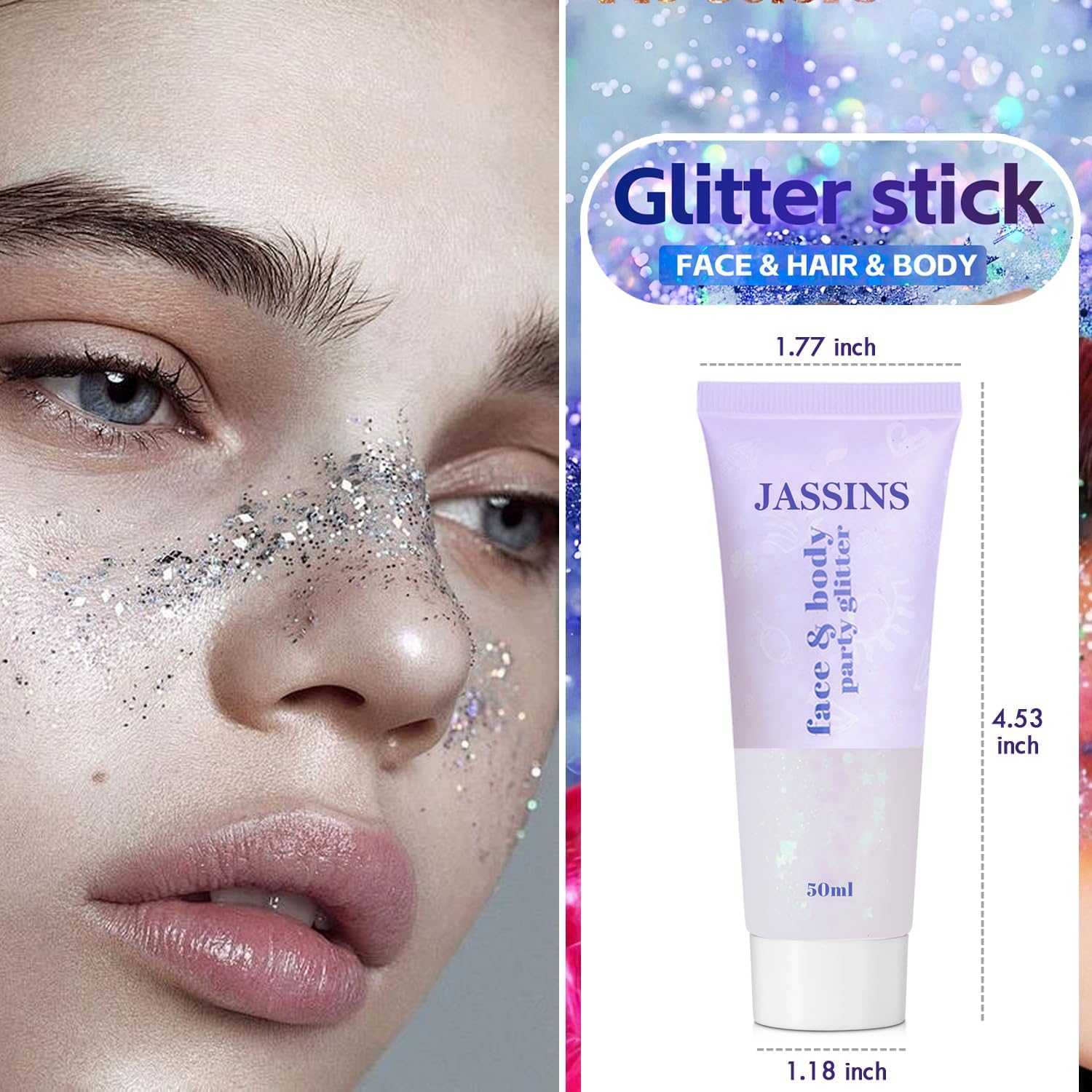 JASSINS 2 Pack Face Body Glitter, 100ml Pink and White Glitter Gel Makeup for Women Girls Kids, Singer Concerts Festival Rave Accessories, Chunky Mermaid Sequins Glitter - Image 4