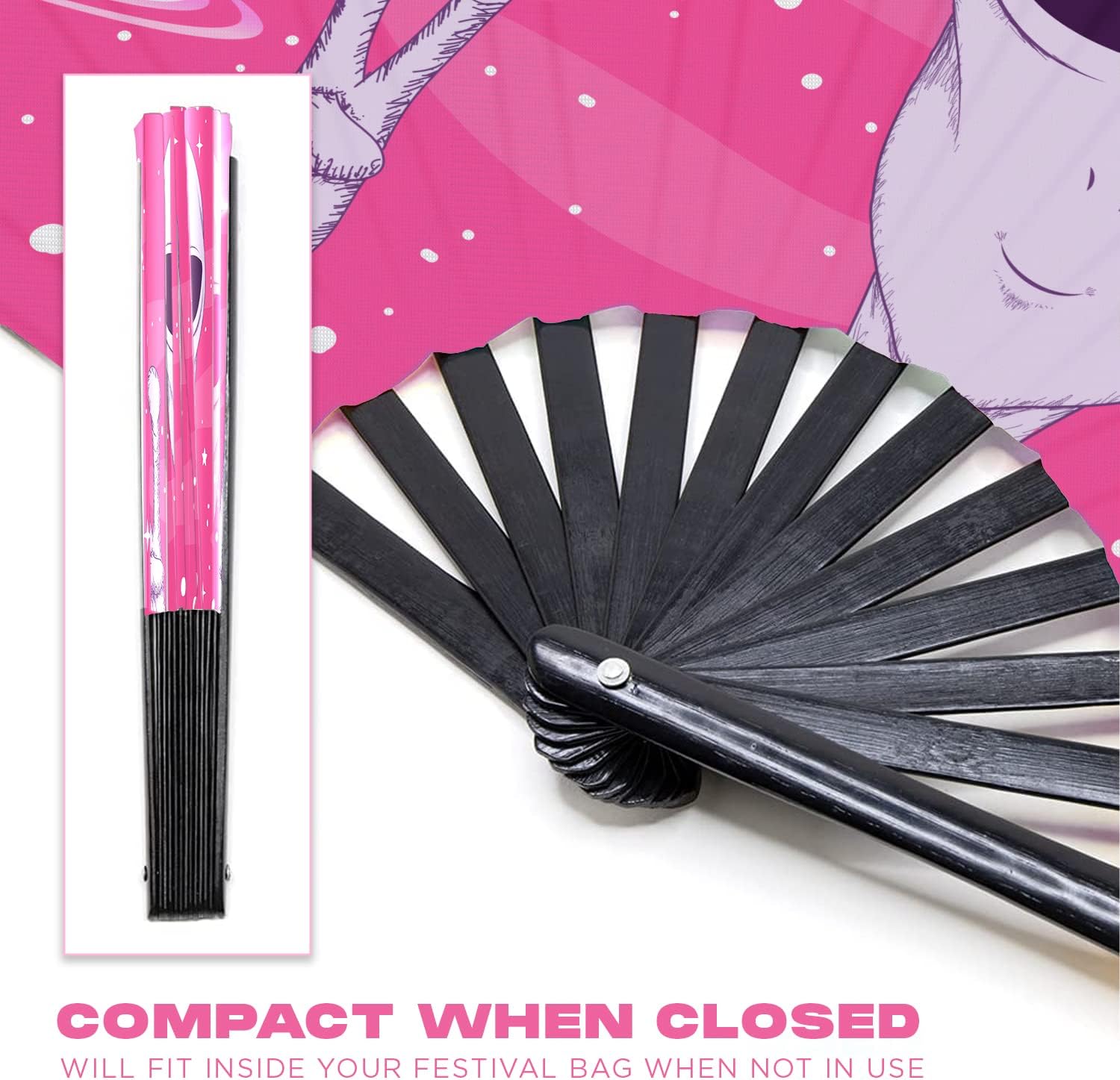 GloFX Rave Fan - Pink Alien - Large Folding Fan -Large Folding Fan for Rave Essentials, Festival Fans, and Alien Accessories - Hand Held Fan for Festival Outfits & EDM Vibes - Image 2