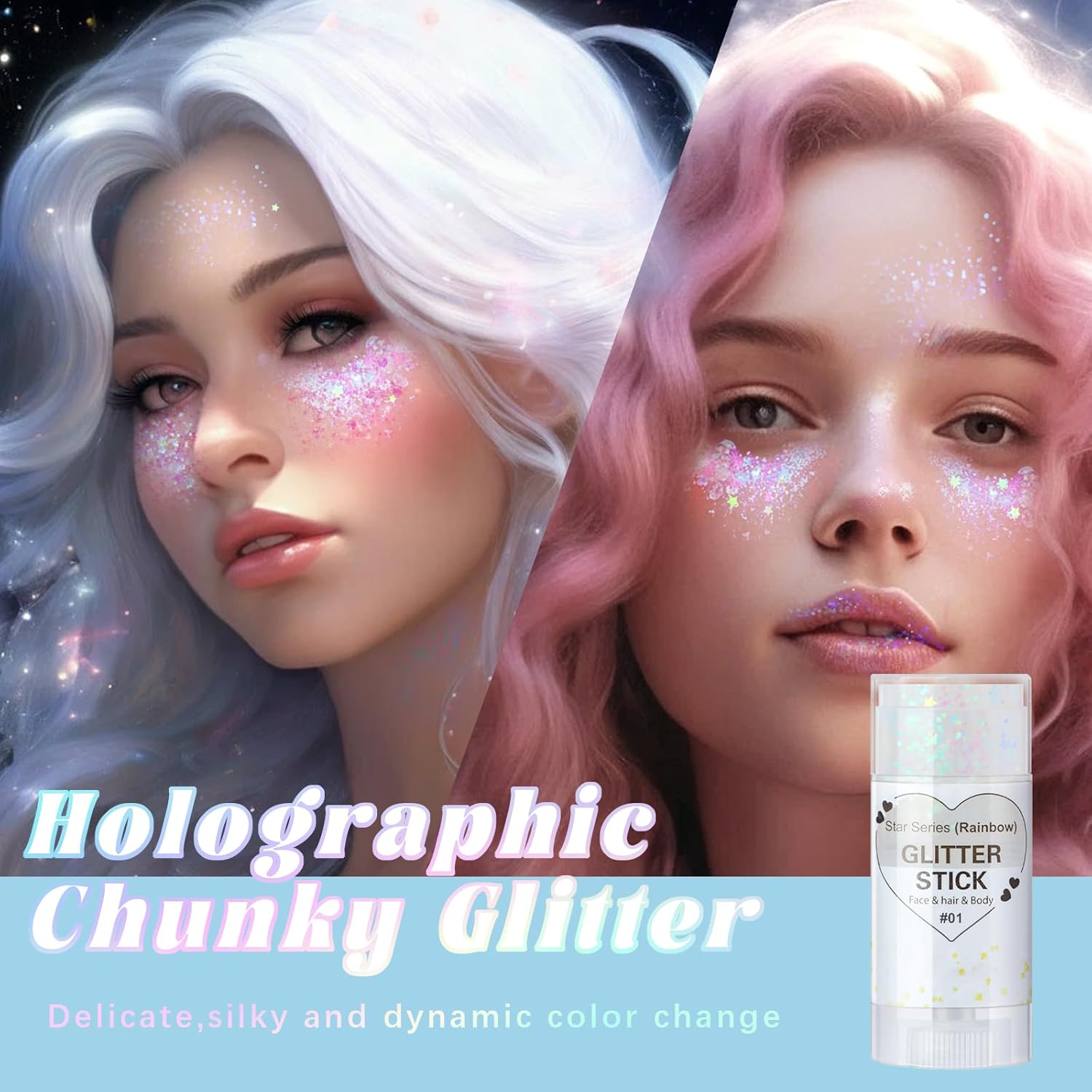 Clear White Body Glitter Stick, Face Glitter Gel Singer Concerts Festival Rave Accessories, Mermaid Sequin Hair Glitter Face Paint Makeup Chunky Sparkling Body Shimmer Glitter for Women, 01# - Image 2
