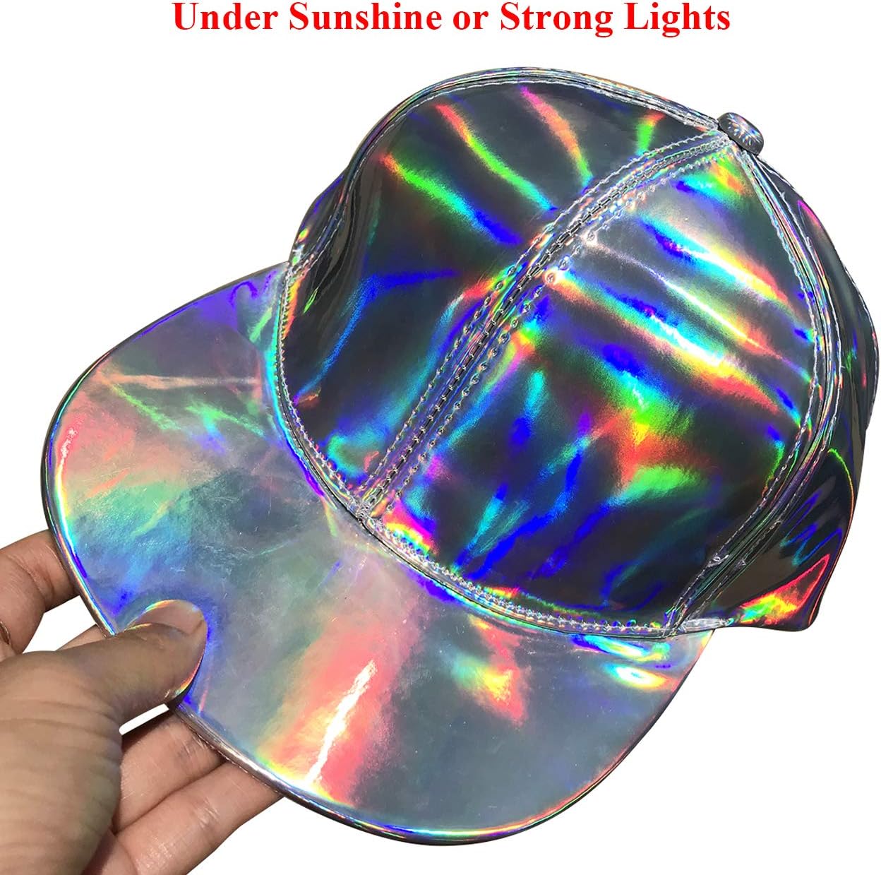 FALETO Adjustable Shiny Holographic Baseball Cap Rainbow Reflective Hip Hop Rave Hat Metallic Casual Cap - Image 2