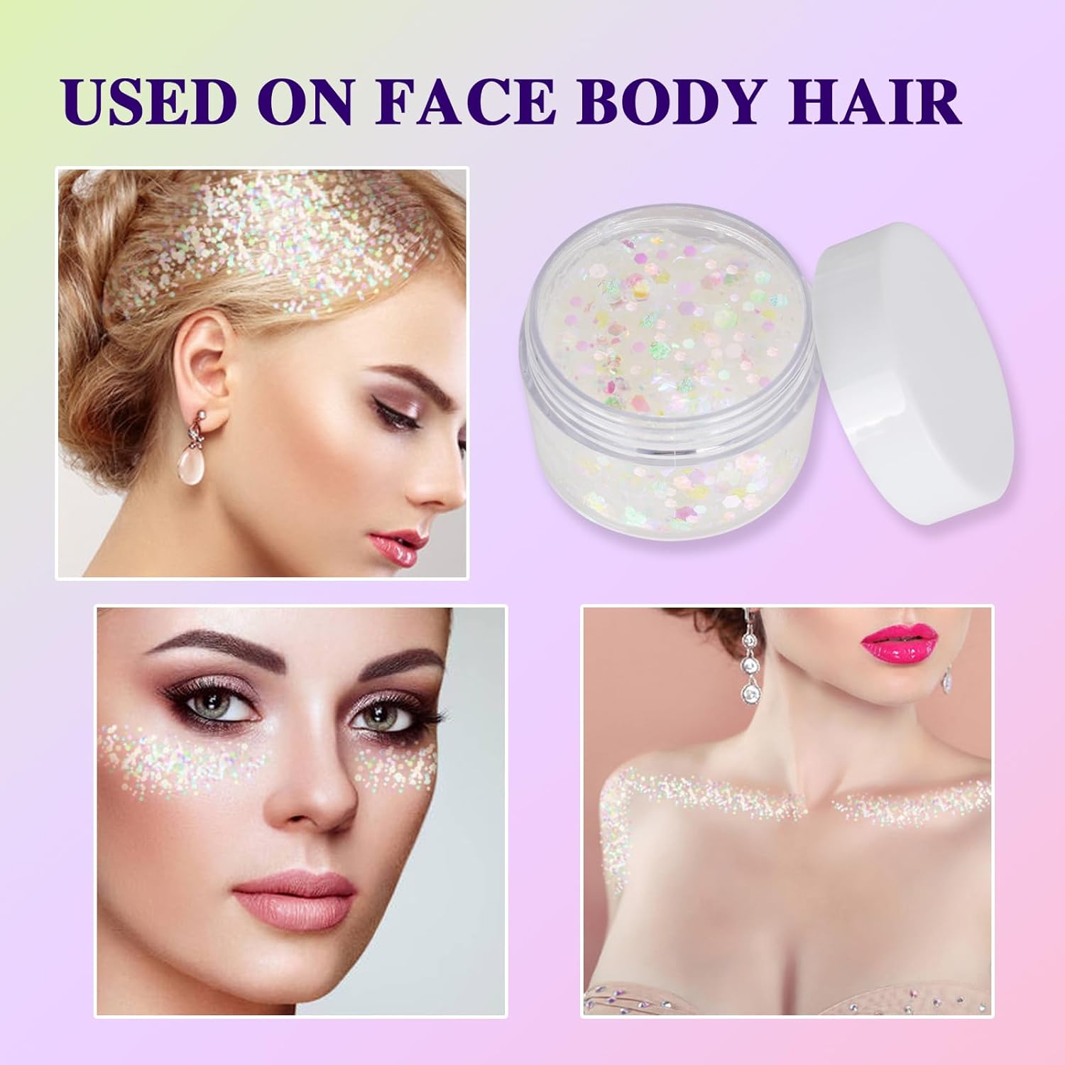 White Face Glitter Gel,Singer Concerts Festival Rave Accessories,Mermaid Body Glitter,Carnival Halloween Hair Glitter Sequins Face Glitter Paint Makeup,Sparkling Chunky for Women&Kids - Image 5