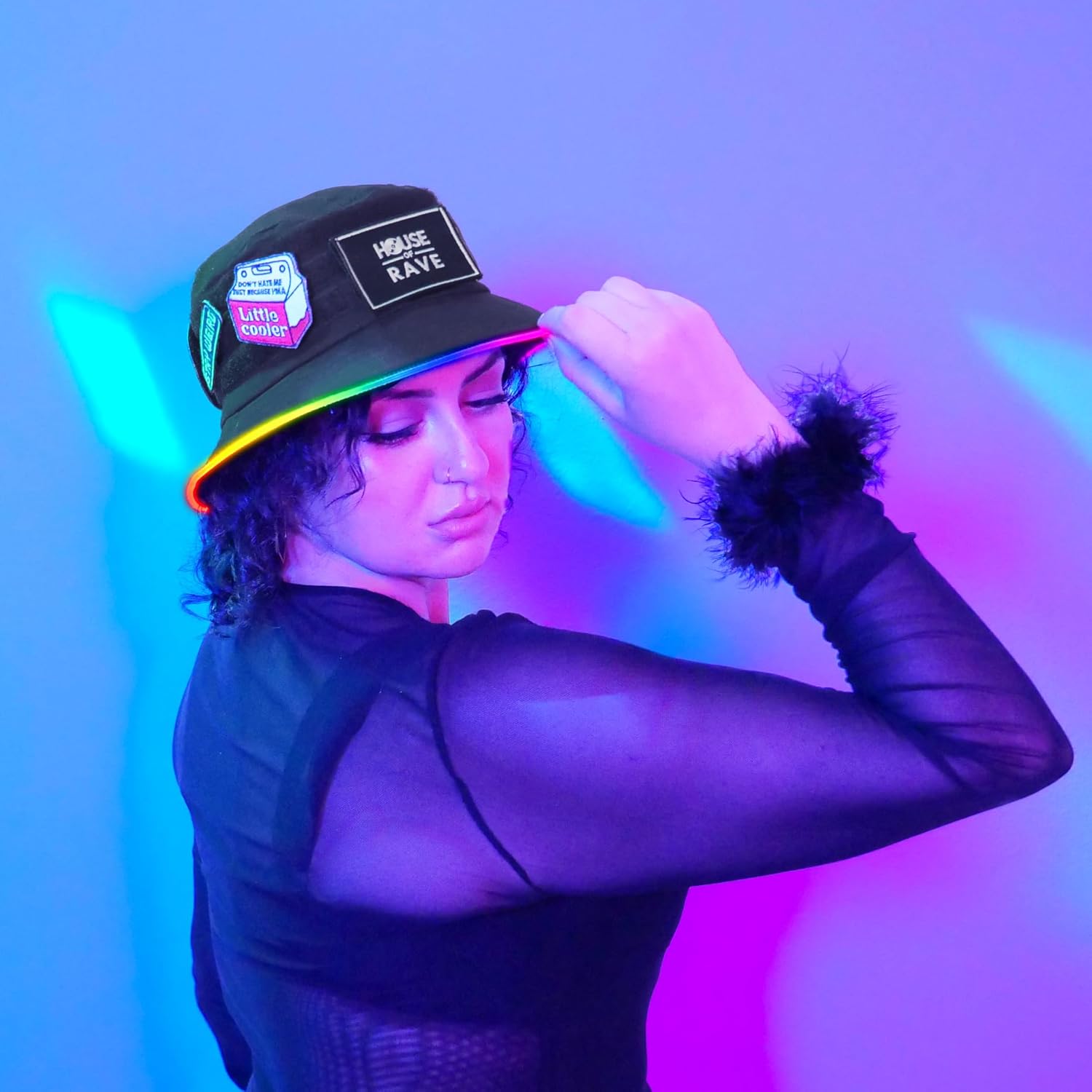 Secret Patch Pocket LED Bucket Hat - Customizable Rave Bucket Hat for Men, Women - Multicolor LED Bucket Hat - Hook and Loop Patch Bucket Hat - Image 3