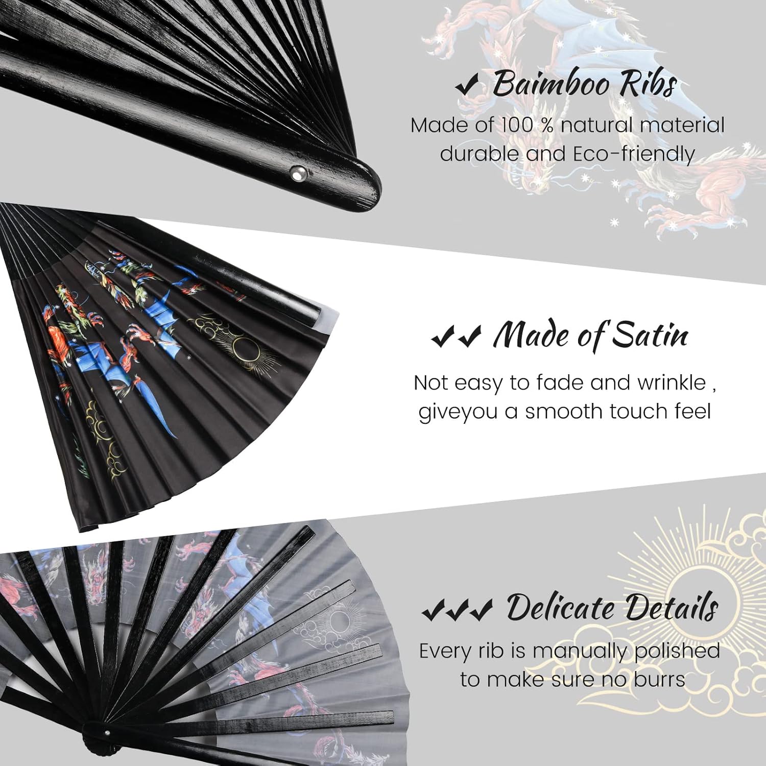 SYNTECSO Folding Hand Fan for Rave, UV Glow Fan, Large Bamboo Fan for Drag Queene, Women and Men Gift,Chinese Japanese Clack Fan for Parties, Music Festivals, EDM and Decoration - Image 3