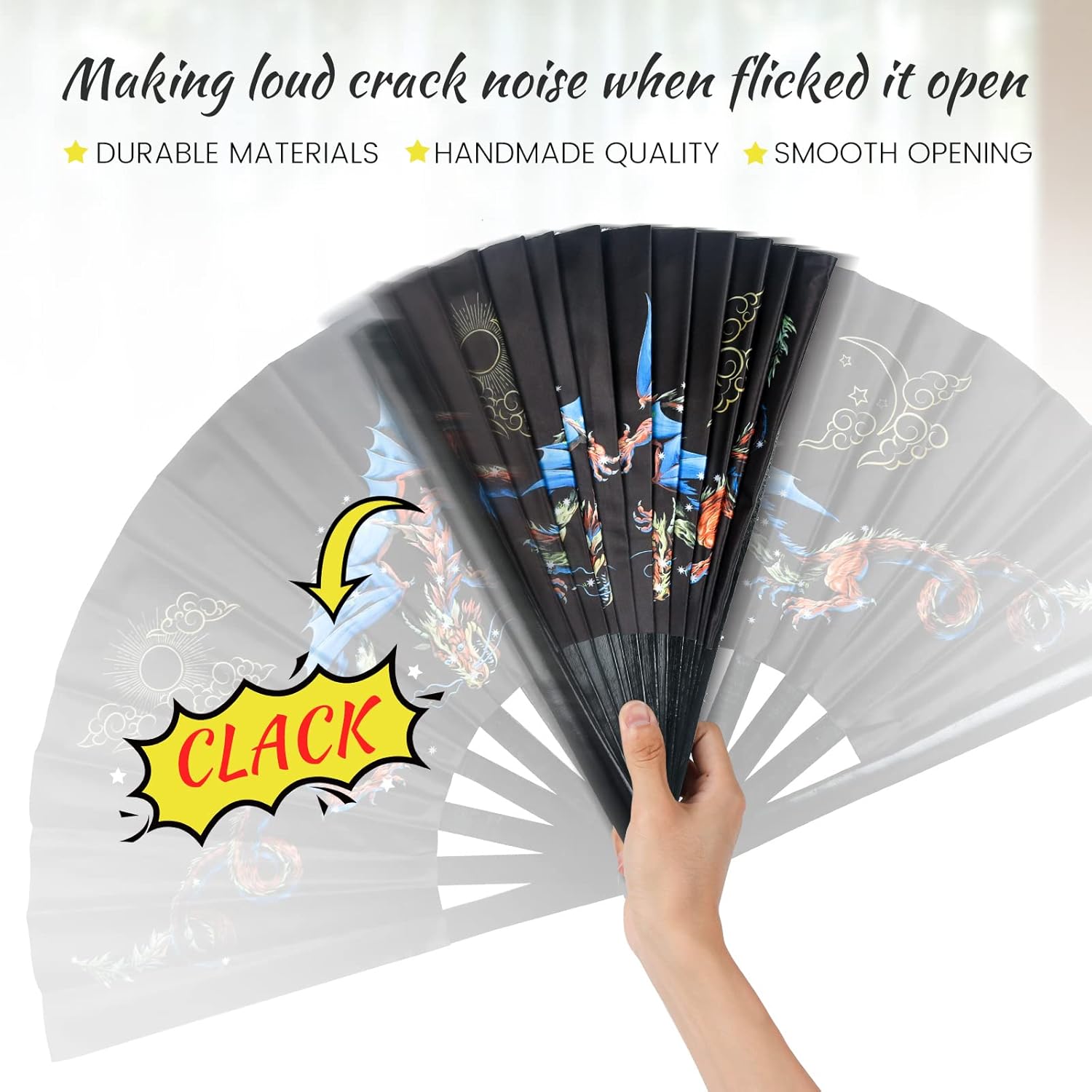 SYNTECSO Folding Hand Fan for Rave, UV Glow Fan, Large Bamboo Fan for Drag Queene, Women and Men Gift,Chinese Japanese Clack Fan for Parties, Music Festivals, EDM and Decoration - Image 4