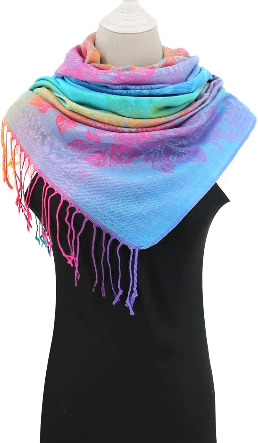 Colorful Pashmina Shawls and Wraps - Soft Rave Scarf Jacquard Silk Satin Rainbow Scarf with Tassels - Image 6