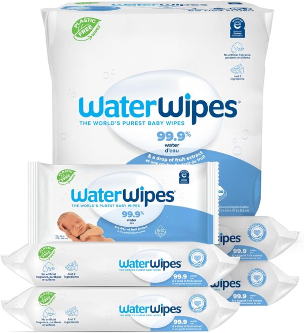 WaterWipes Plastic-Free Original Baby Wipes, 99.9% Water Based Wipes, Unscented & Hypoallergenic for Sensitive Skin, 300 Count (5 packs)