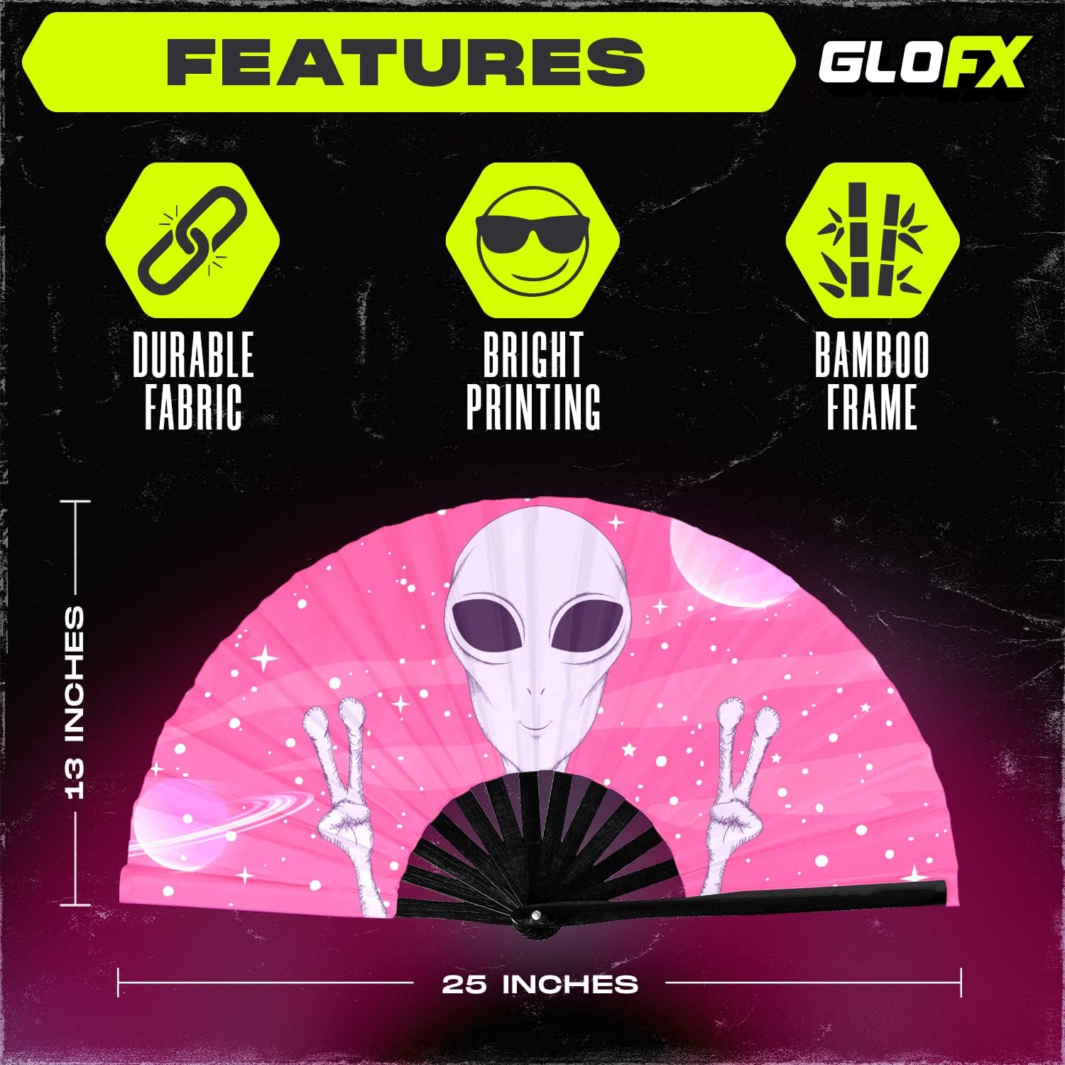 GloFX Rave Fan - Pink Alien - Large Folding Fan -Large Folding Fan for Rave Essentials, Festival Fans, and Alien Accessories - Hand Held Fan for Festival Outfits & EDM Vibes - Image 4