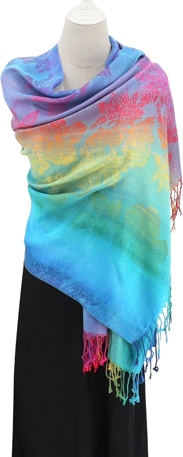 Colorful Pashmina Shawls and Wraps - Soft Rave Scarf Jacquard Silk Satin Rainbow Scarf with Tassels - Image 4
