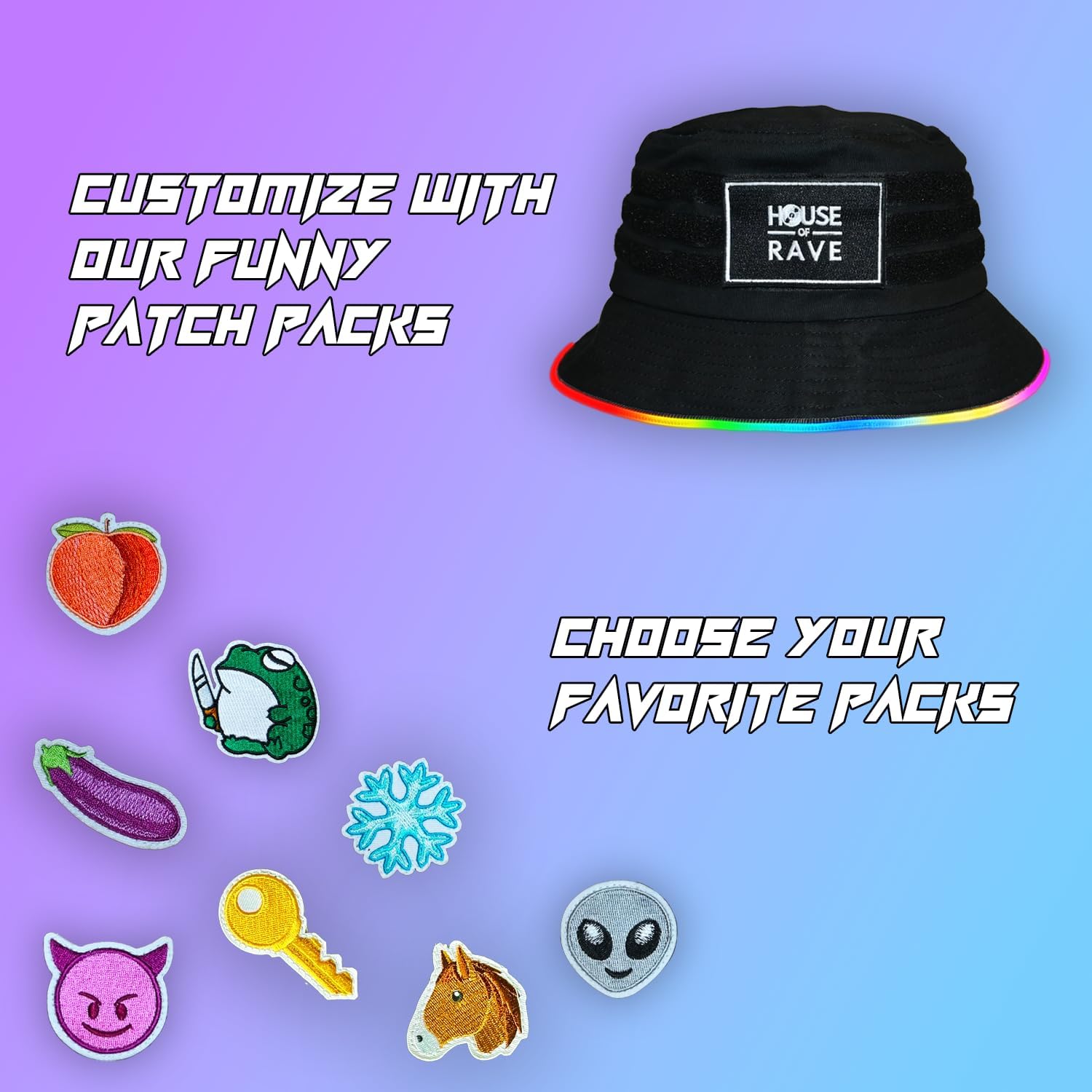 Secret Patch Pocket LED Bucket Hat - Customizable Rave Bucket Hat for Men, Women - Multicolor LED Bucket Hat - Hook and Loop Patch Bucket Hat - Image 7