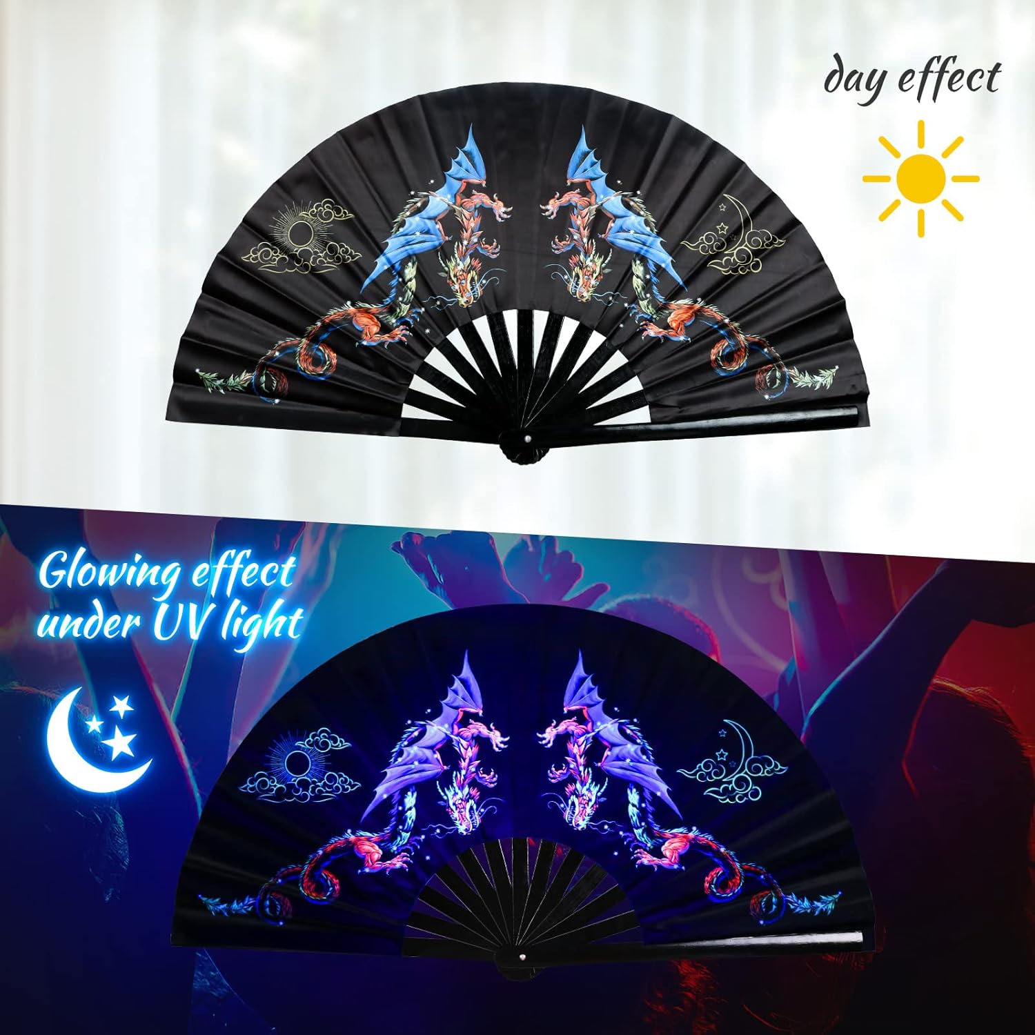 SYNTECSO Folding Hand Fan for Rave, UV Glow Fan, Large Bamboo Fan for Drag Queene, Women and Men Gift,Chinese Japanese Clack Fan for Parties, Music Festivals, EDM and Decoration - Image 5