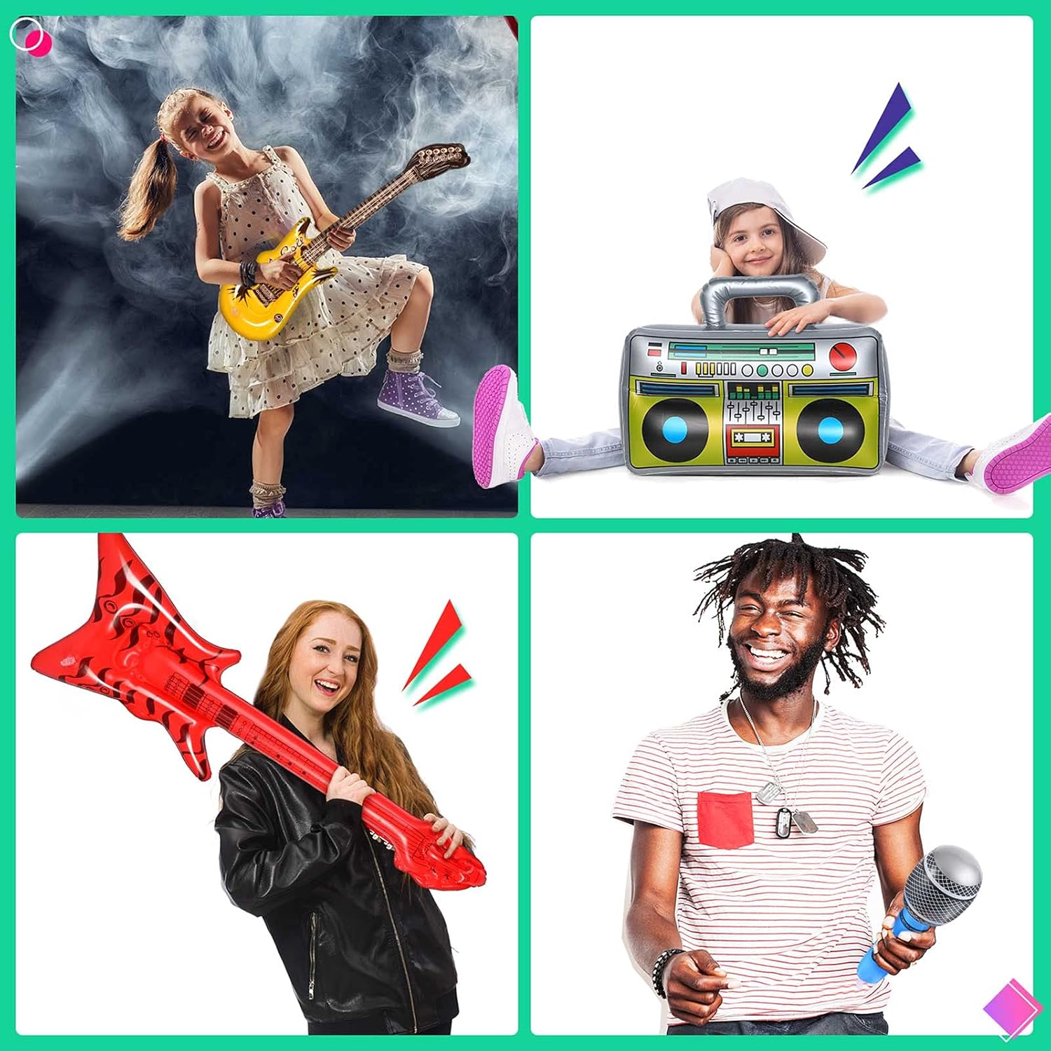 BBTO 15 Pcs Inflatable Rock Star Toy Set Party Props Musical Instrument Blow up Guitar Inflate 80s 90s Party Decorations Rock Band Bass Guitar Microphones Box Toys for Carnival Concert Favors - Image 6