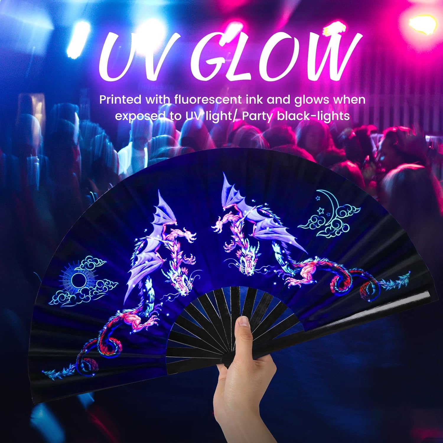 SYNTECSO Folding Hand Fan for Rave, UV Glow Fan, Large Bamboo Fan for Drag Queene, Women and Men Gift,Chinese Japanese Clack Fan for Parties, Music Festivals, EDM and Decoration - Image 7