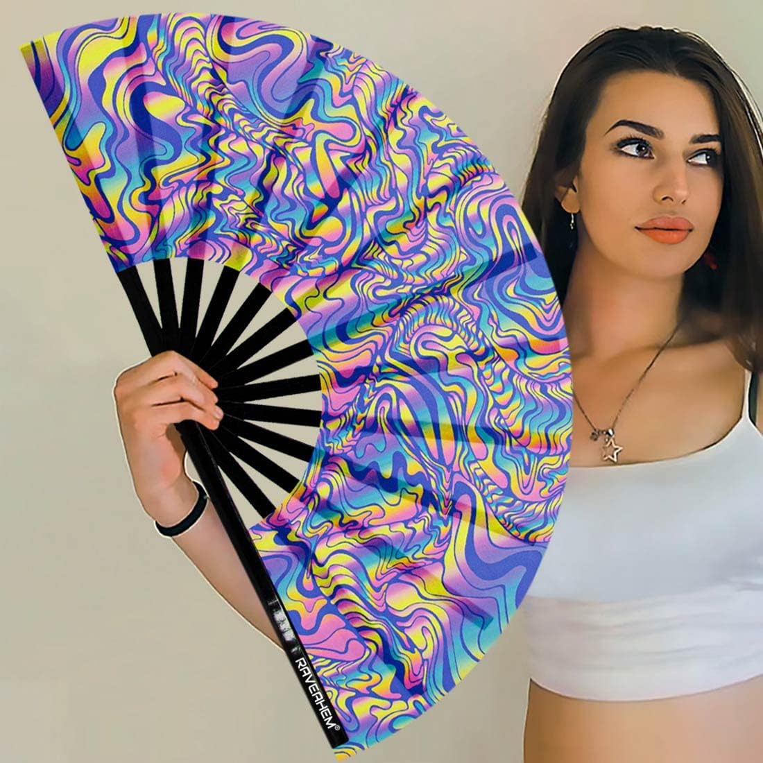 UV Glow Rave Fan, Bamboo Folding Clack Hand Fan for Men Women (Waves-2, Large 13") - Image 3