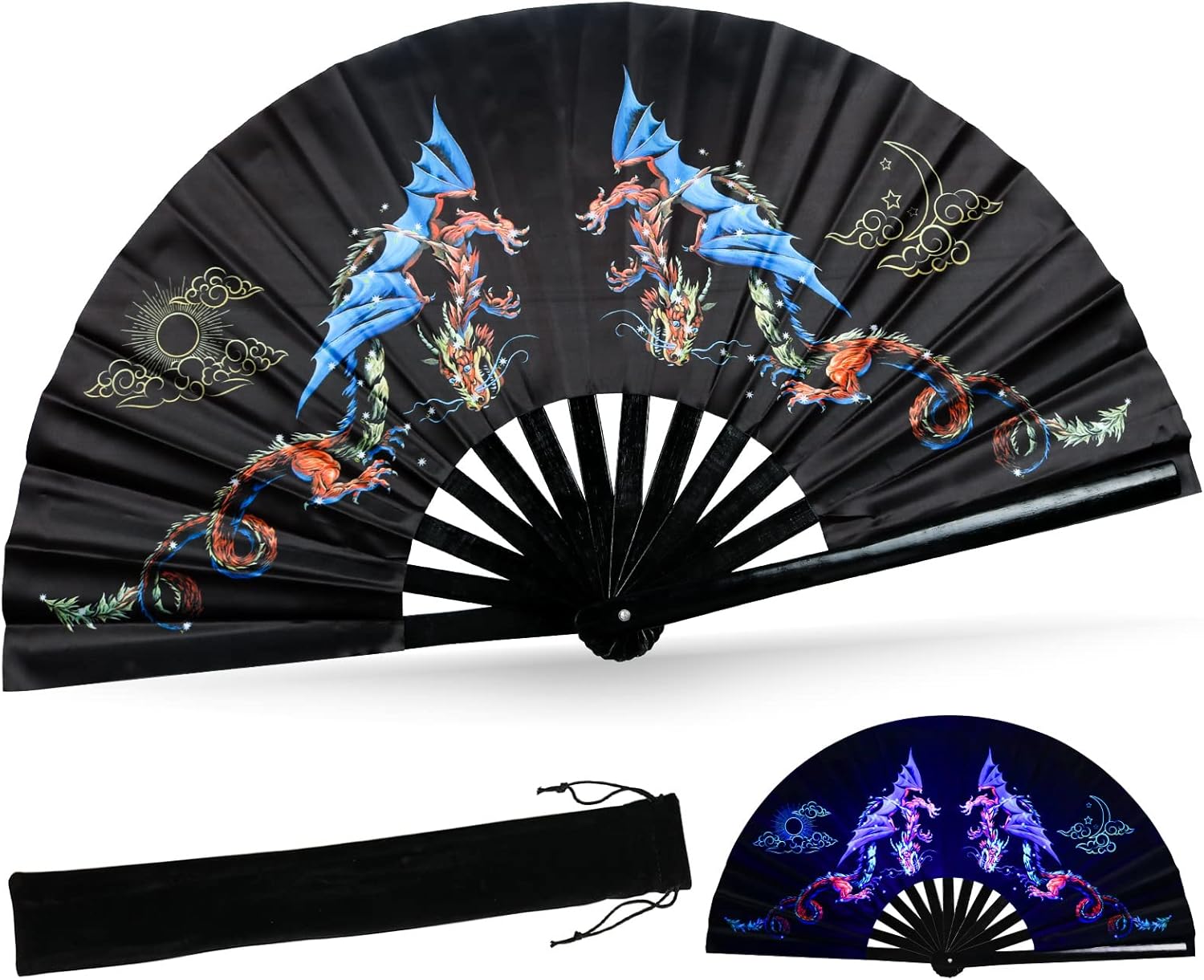 SYNTECSO Folding Hand Fan for Rave, UV Glow Fan, Large Bamboo Fan for Drag Queene, Women and Men Gift,Chinese Japanese Clack Fan for Parties, Music Festivals, EDM and Decoration