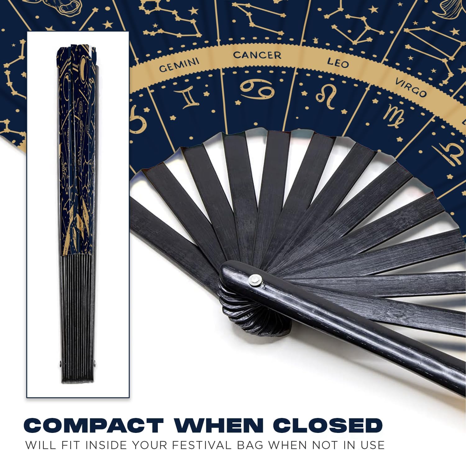GloFX Rave Fan - Zodiac Signs - Large Folding Hand Fan Astrological Signs Designs for Festival Outfits, Cosmic Events - Perfect Accessory for Astrology Enthusiasts and Stargazers - Image 2