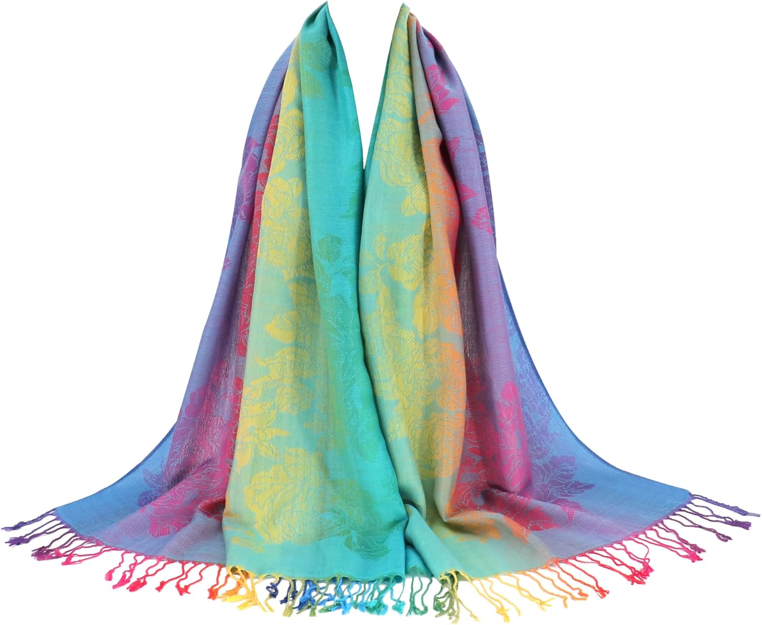 Colorful Pashmina Shawls and Wraps - Soft Rave Scarf Jacquard Silk Satin Rainbow Scarf with Tassels