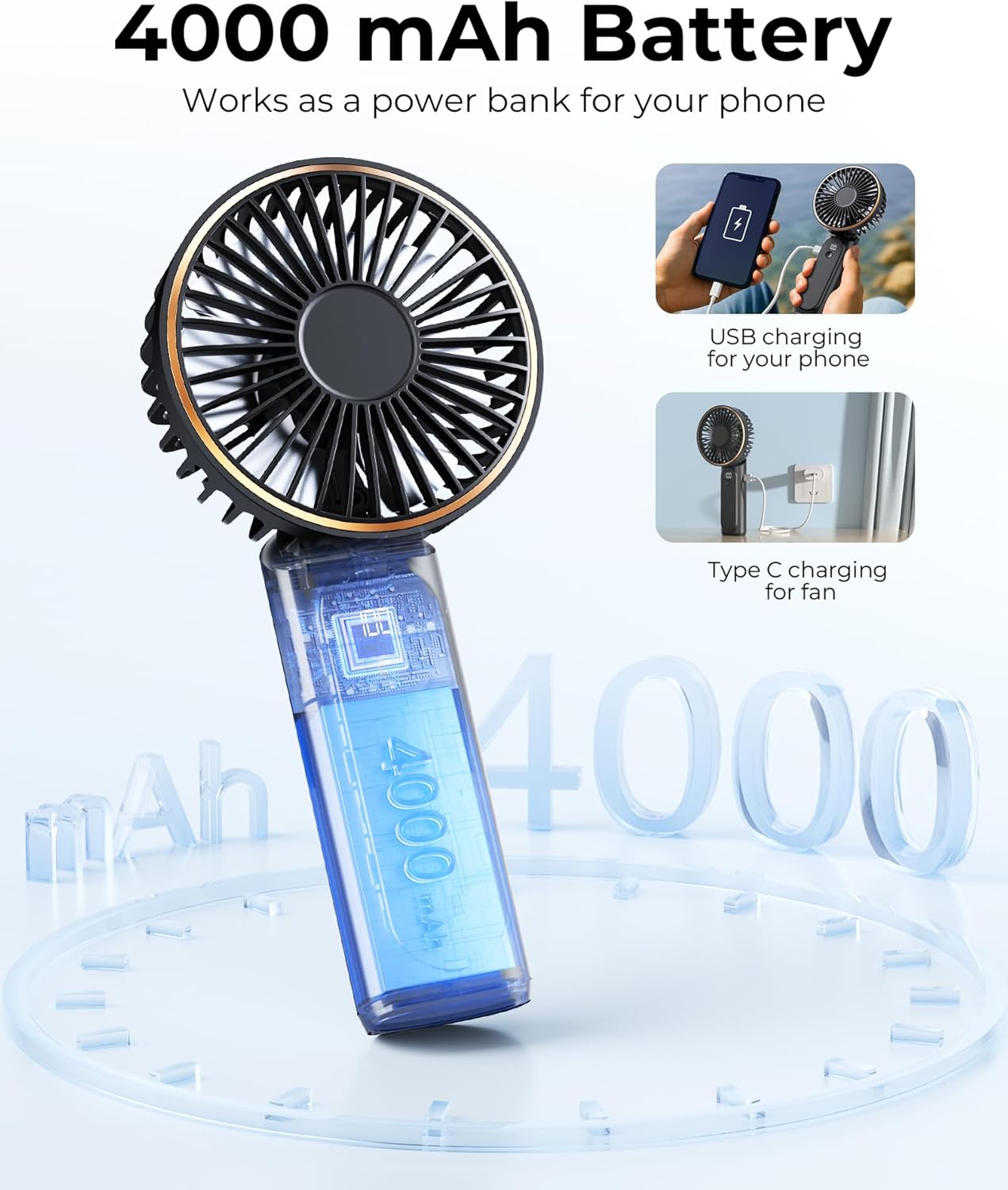 Portable Handheld Fan, 4000mAh, 180 Adjustable, 6 Speed Wind, Display Electricity in Real Time, USB Rechargeable Foldable Personal Fan - Image 4