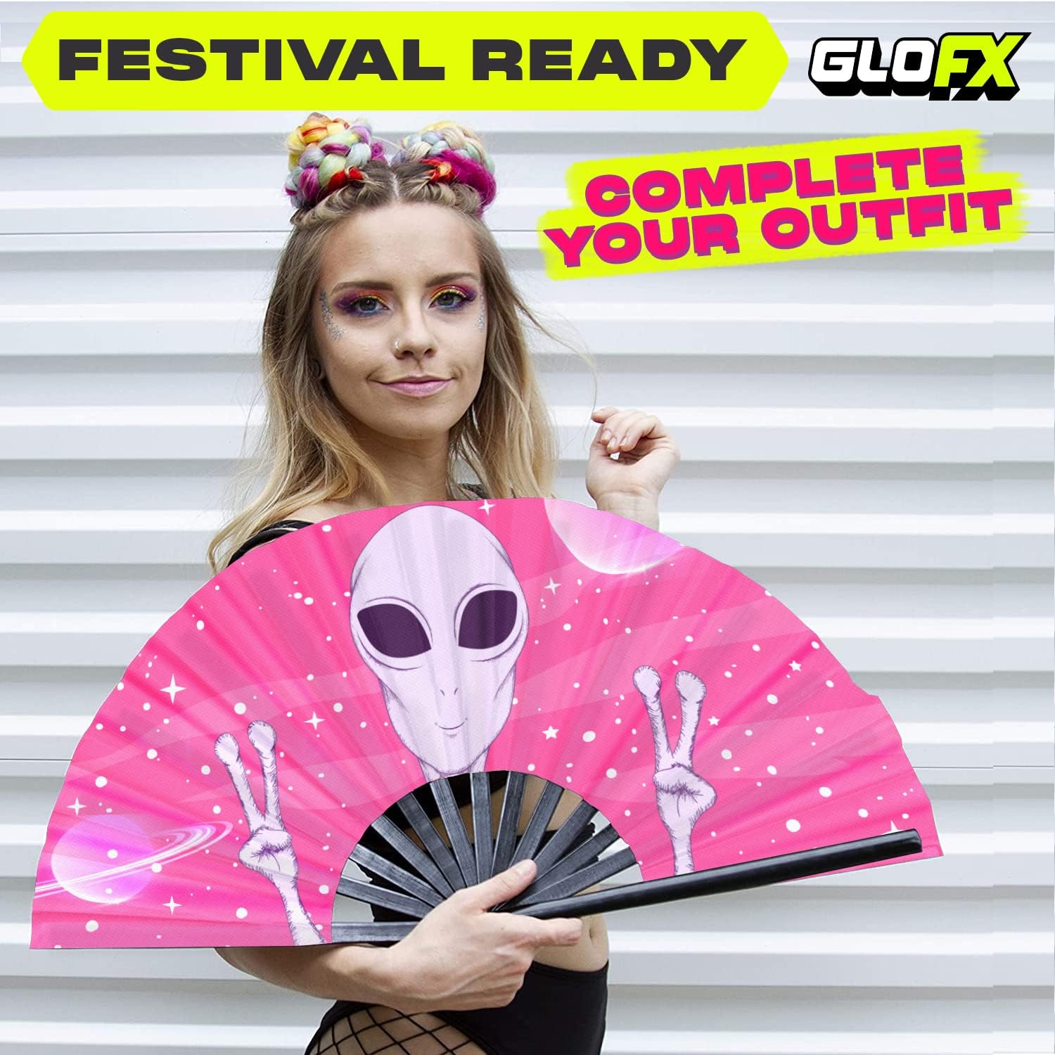 GloFX Rave Fan - Pink Alien - Large Folding Fan -Large Folding Fan for Rave Essentials, Festival Fans, and Alien Accessories - Hand Held Fan for Festival Outfits & EDM Vibes - Image 6