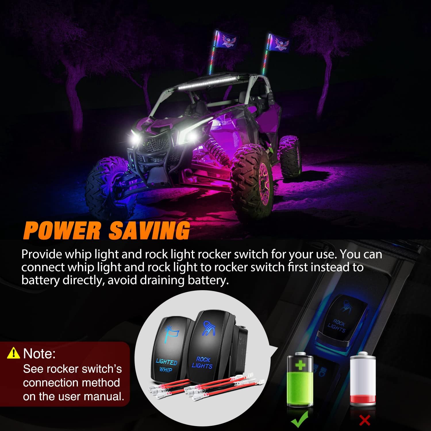 Nilight 2PCS 3FT RGB LED Whip Light and 4 PCS Rock Lights Combo, Remote & App Control w/DIY Chasing Patterns Stop Turn Reverse Safety Antenna Lighted Whips for ATV UTV - Image 9