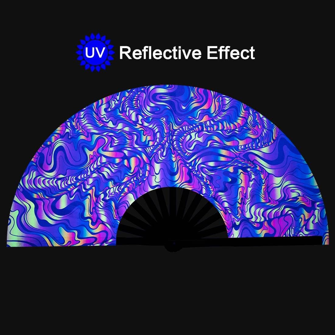 UV Glow Rave Fan, Bamboo Folding Clack Hand Fan for Men Women (Waves-2, Large 13") - Image 2
