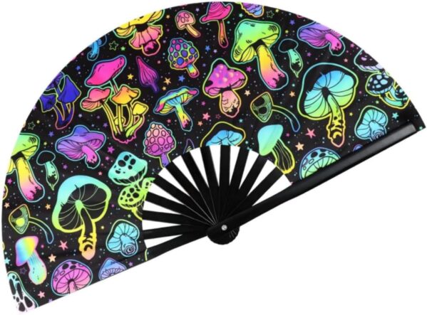 Large Rave Fan UV Glow Handheld Fan, Folding Fan Clack Disco Party Favor for Music Festival, Club, Party Dance Performance Decor, EDM Music Festival Club Accessories(Reflective Mushroom)