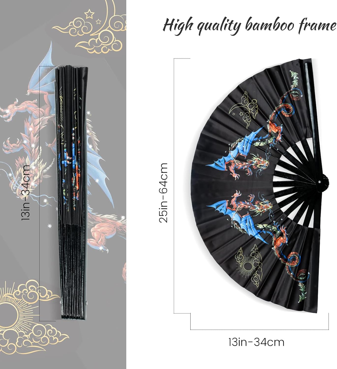 SYNTECSO Folding Hand Fan for Rave, UV Glow Fan, Large Bamboo Fan for Drag Queene, Women and Men Gift,Chinese Japanese Clack Fan for Parties, Music Festivals, EDM and Decoration - Image 2