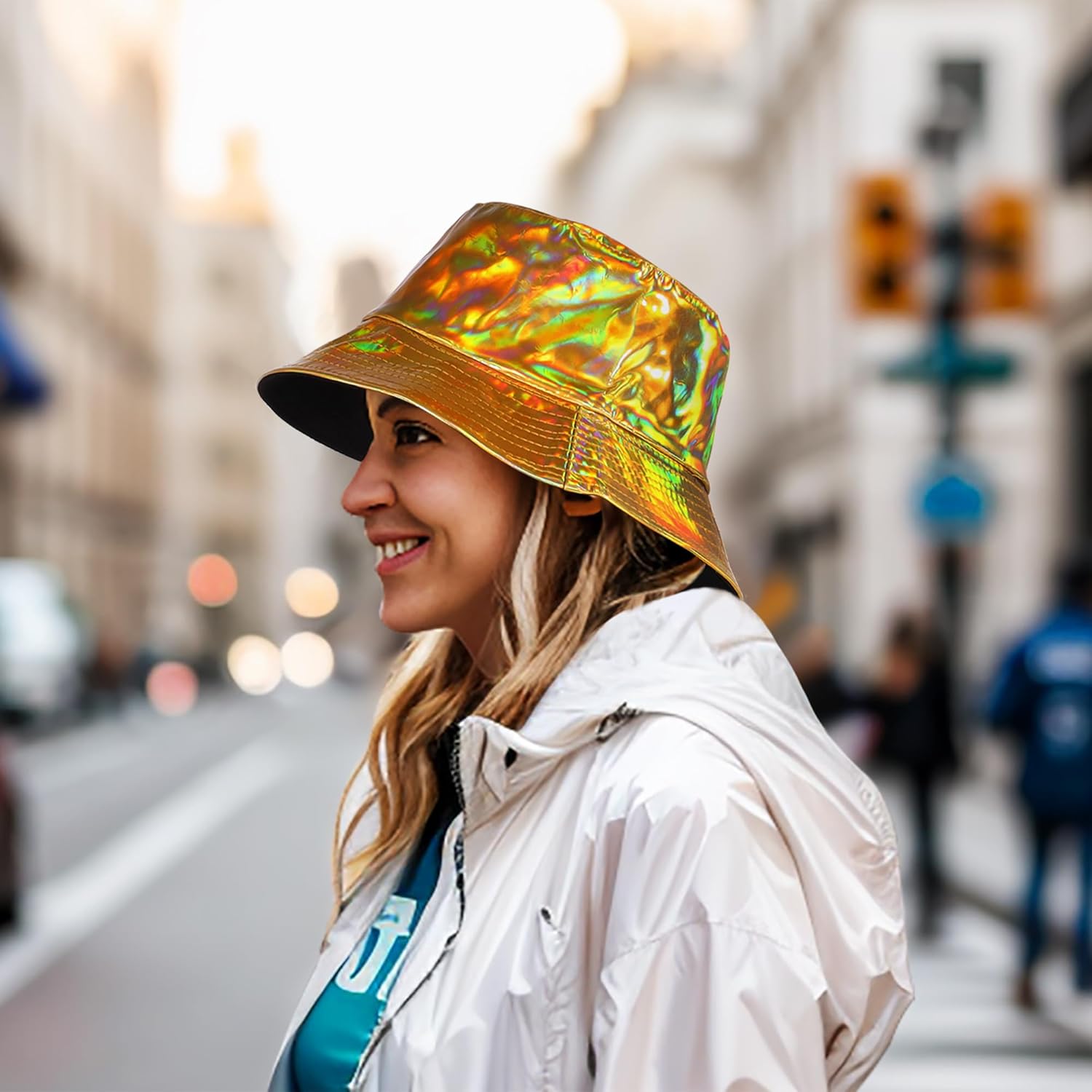 Manfnee Rave Bucket Hat for Men Women Waterproof Rain Hat Wide Brim Bucket Hat Metallic Party Hats - Image 6