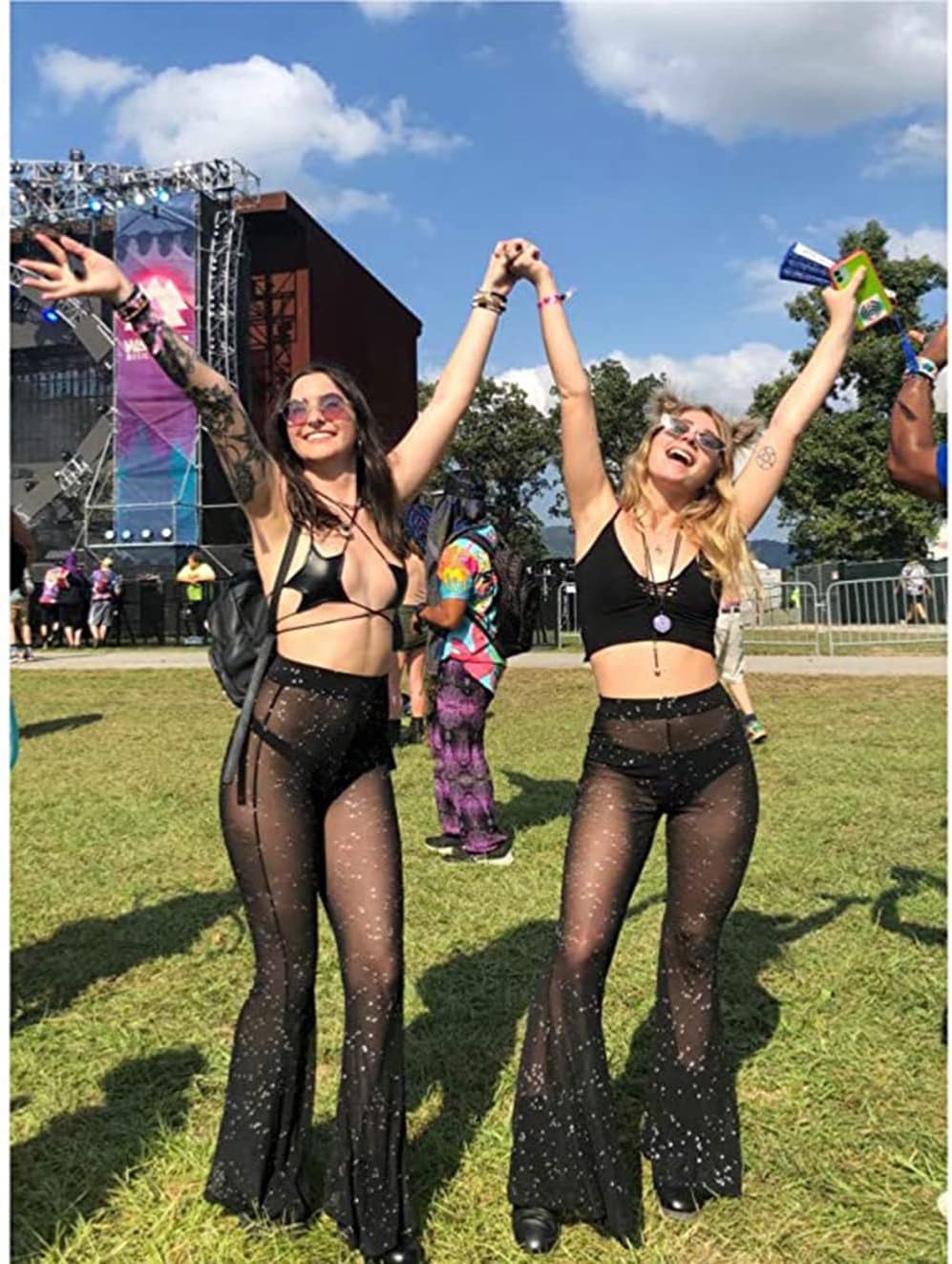 Women's Rave Sheer Mesh Sparkly Pants Bell Bottom Rave Outfit Clothes for Festival Dance Clubwear - Image 2