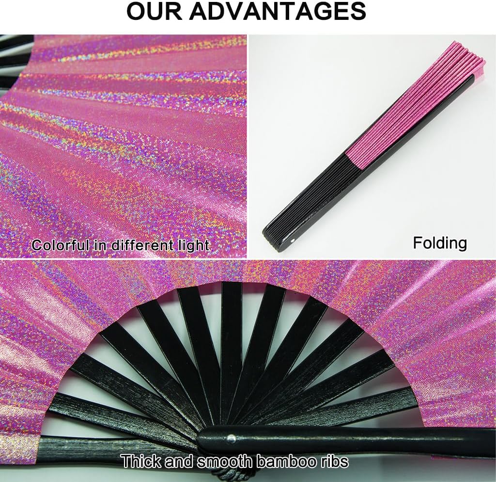 Large Rave Fan, Clack Folding Hand Fan with Premium Fabric, Thick Bamboo Frame for Men Women Gift for EDM, Festival, Club, Party, Dance, Decoration (Lridescent Pink, 13") - Image 4
