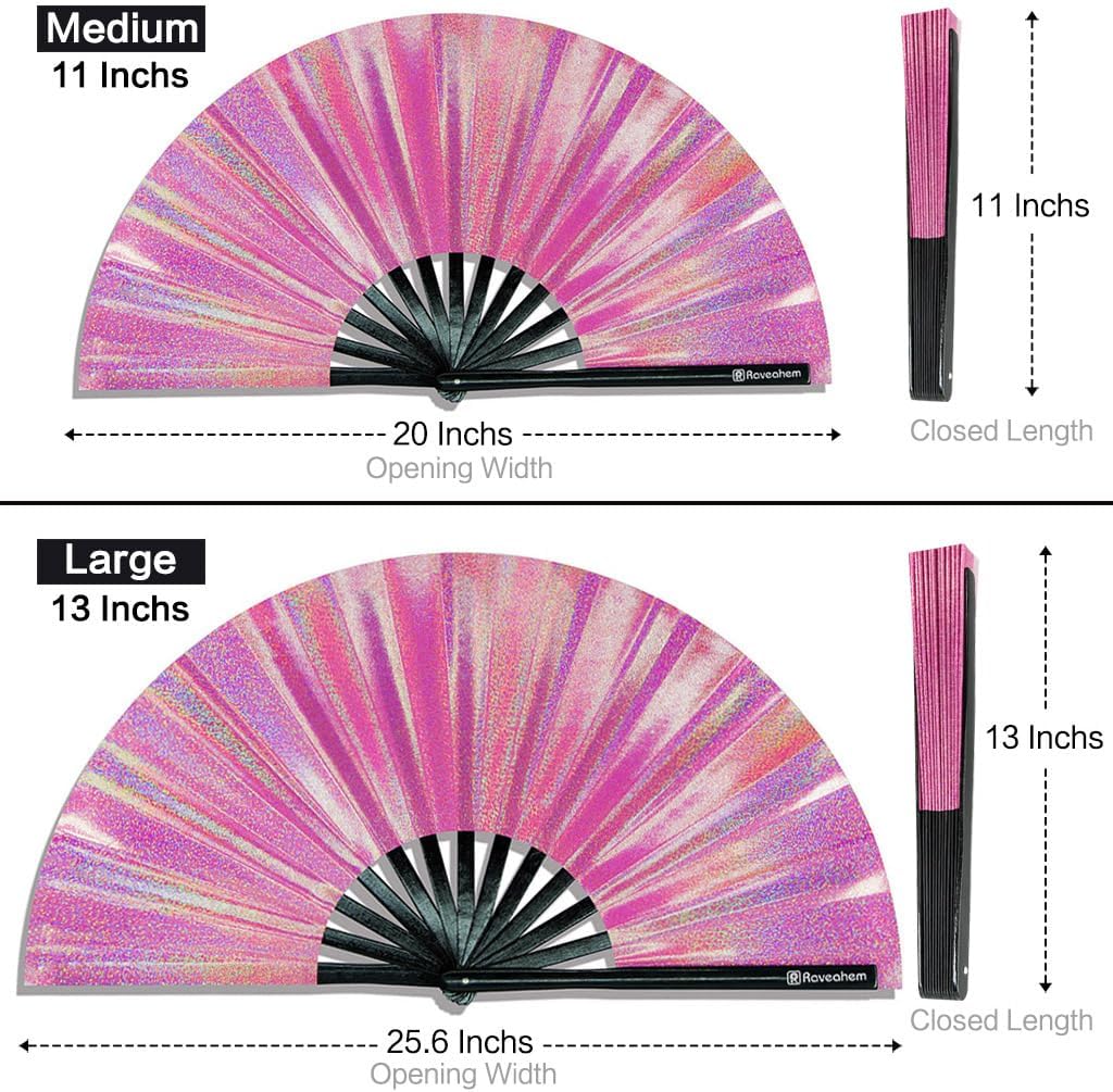 Large Rave Fan, Clack Folding Hand Fan with Premium Fabric, Thick Bamboo Frame for Men Women Gift for EDM, Festival, Club, Party, Dance, Decoration (Lridescent Pink, 13") - Image 3