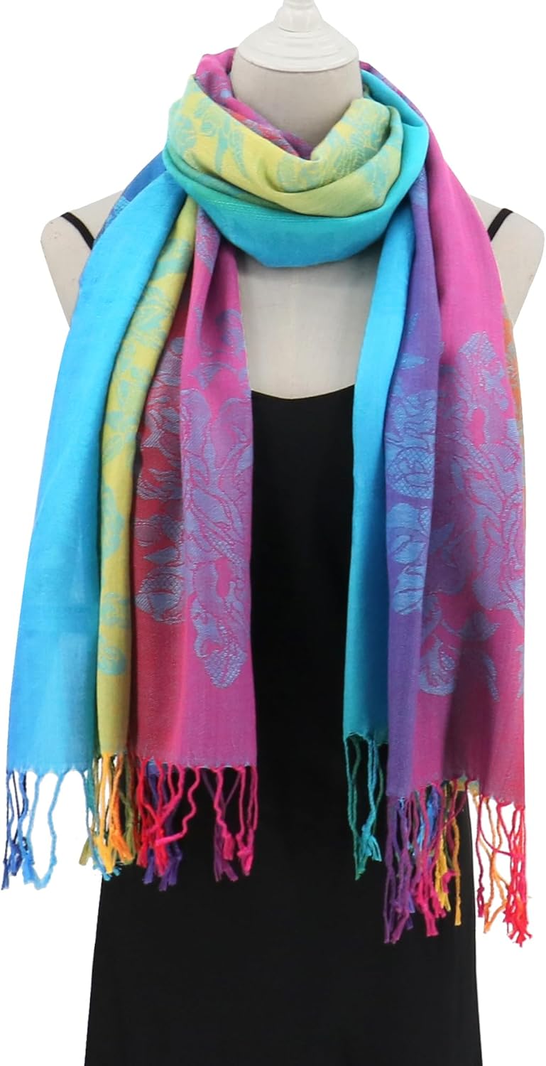 Colorful Pashmina Shawls and Wraps - Soft Rave Scarf Jacquard Silk Satin Rainbow Scarf with Tassels - Image 5