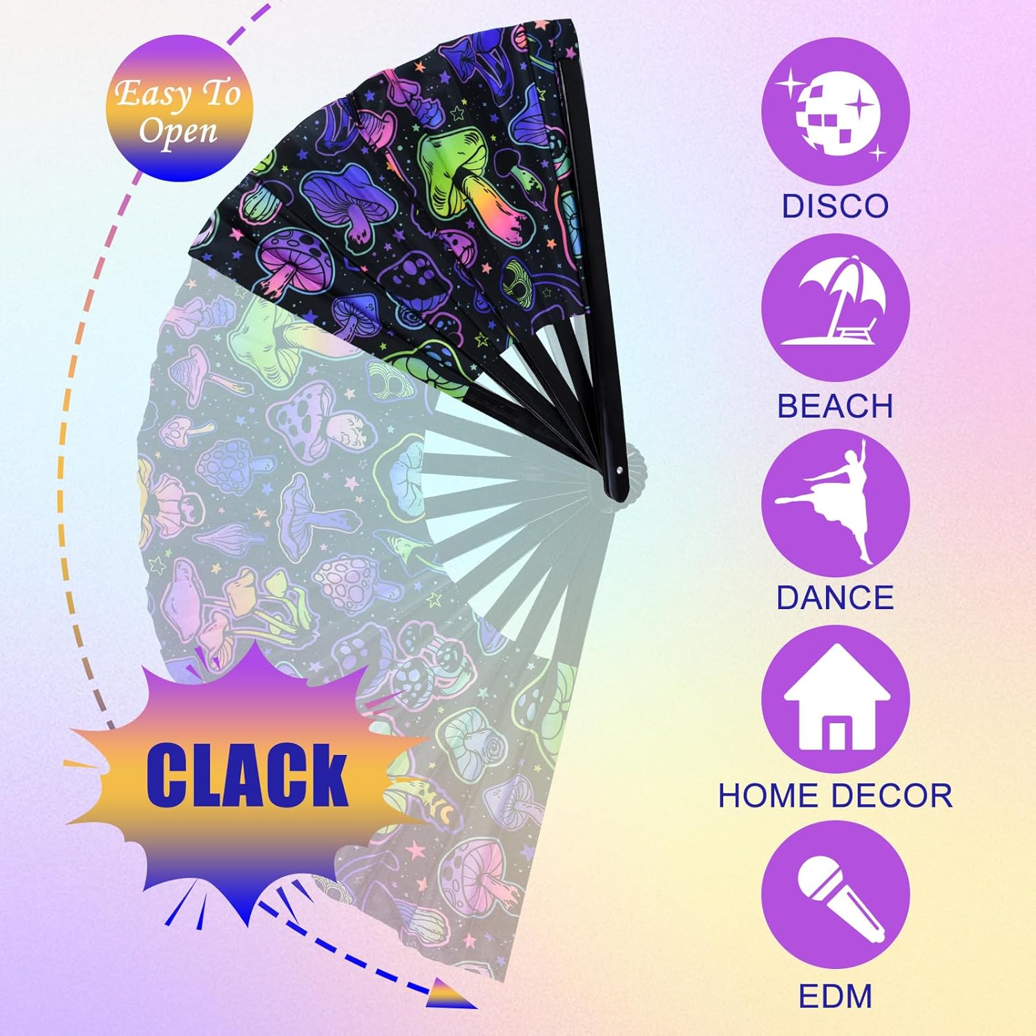 Rave Folding Fan, Large Rave Clack Folding Hand Fan UV Glow Popping Handheld Foldable Silk Fan for Music Party Drag Queene Dance Performance Decoration Gift - Image 5