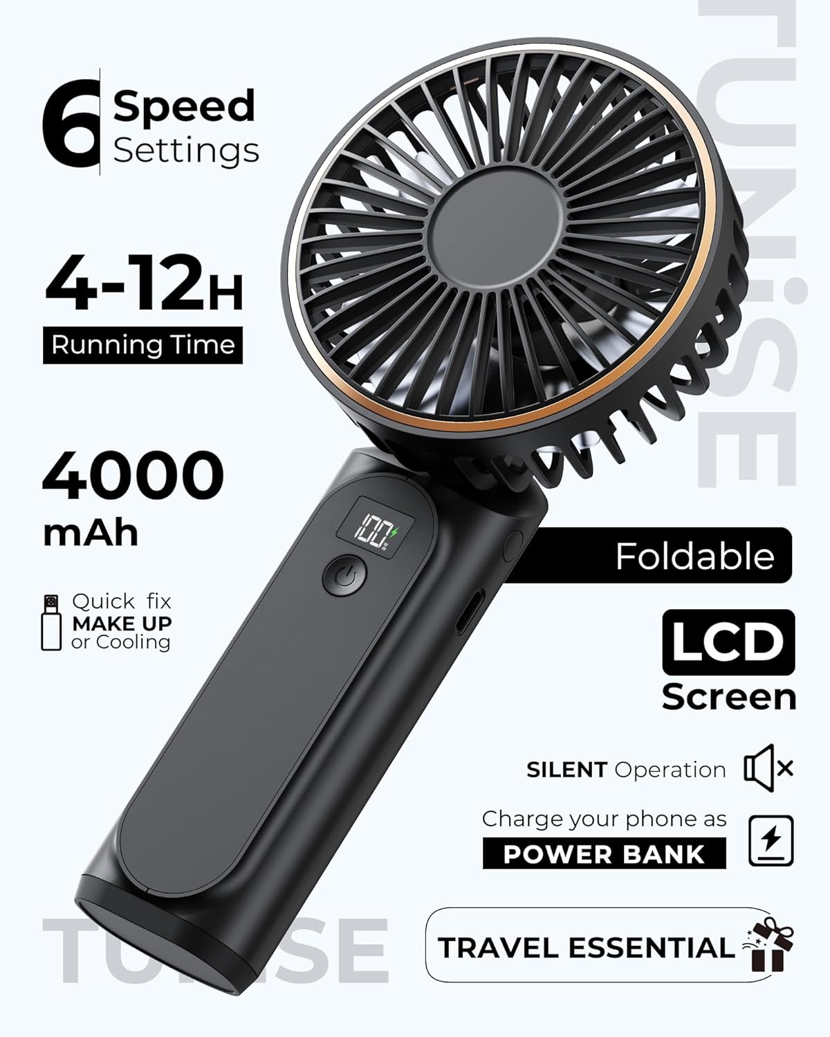 Portable Handheld Fan, 4000mAh, 180 Adjustable, 6 Speed Wind, Display Electricity in Real Time, USB Rechargeable Foldable Personal Fan - Image 2