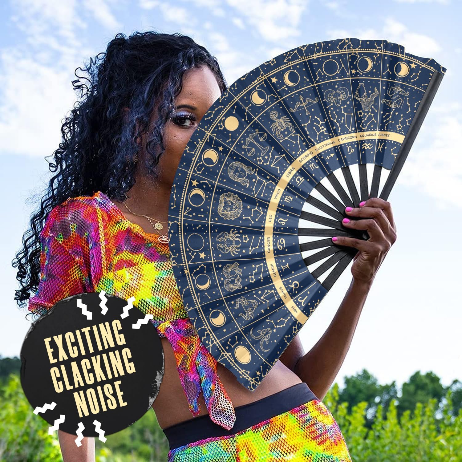 GloFX Rave Fan - Zodiac Signs - Large Folding Hand Fan Astrological Signs Designs for Festival Outfits, Cosmic Events - Perfect Accessory for Astrology Enthusiasts and Stargazers - Image 5