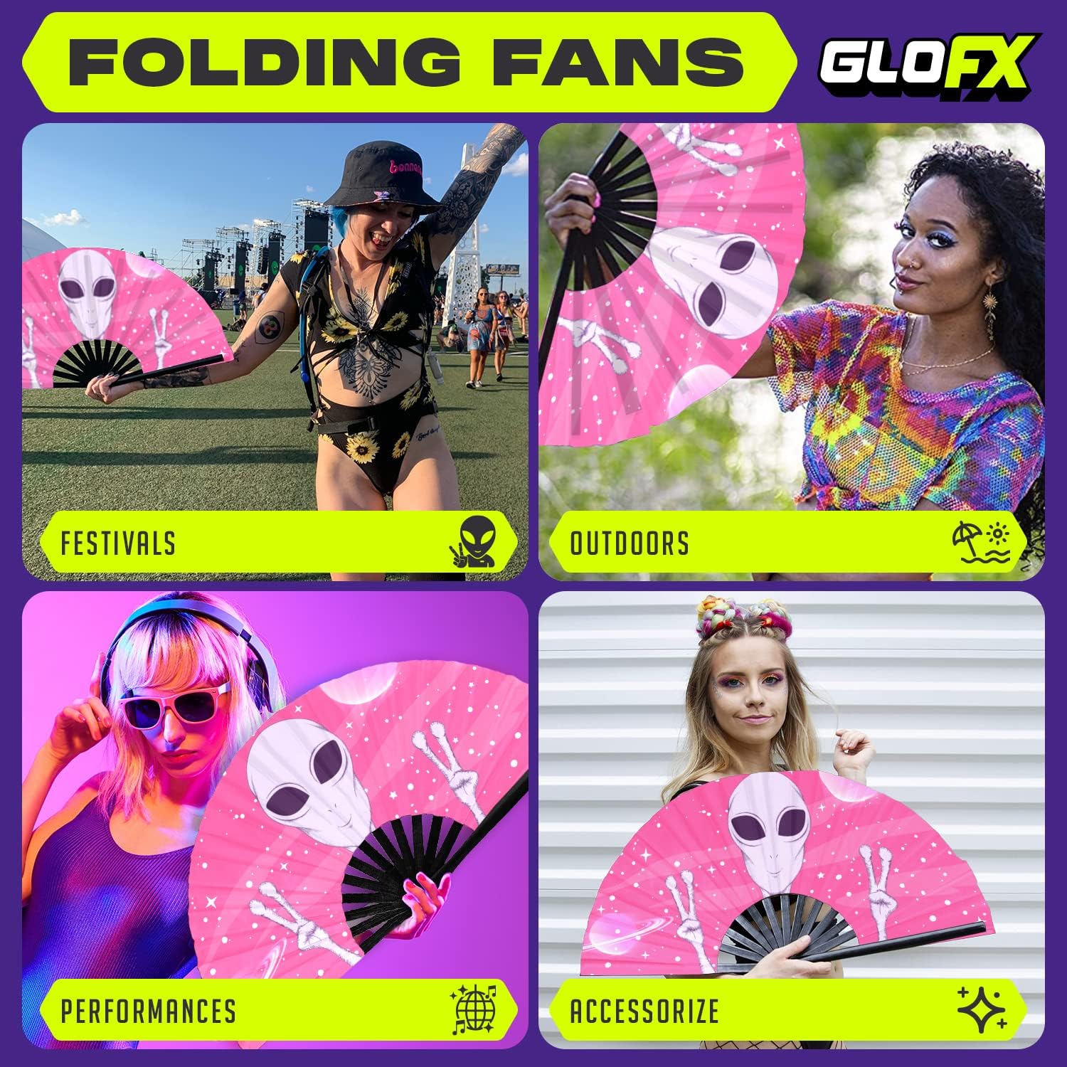 GloFX Rave Fan - Pink Alien - Large Folding Fan -Large Folding Fan for Rave Essentials, Festival Fans, and Alien Accessories - Hand Held Fan for Festival Outfits & EDM Vibes - Image 3