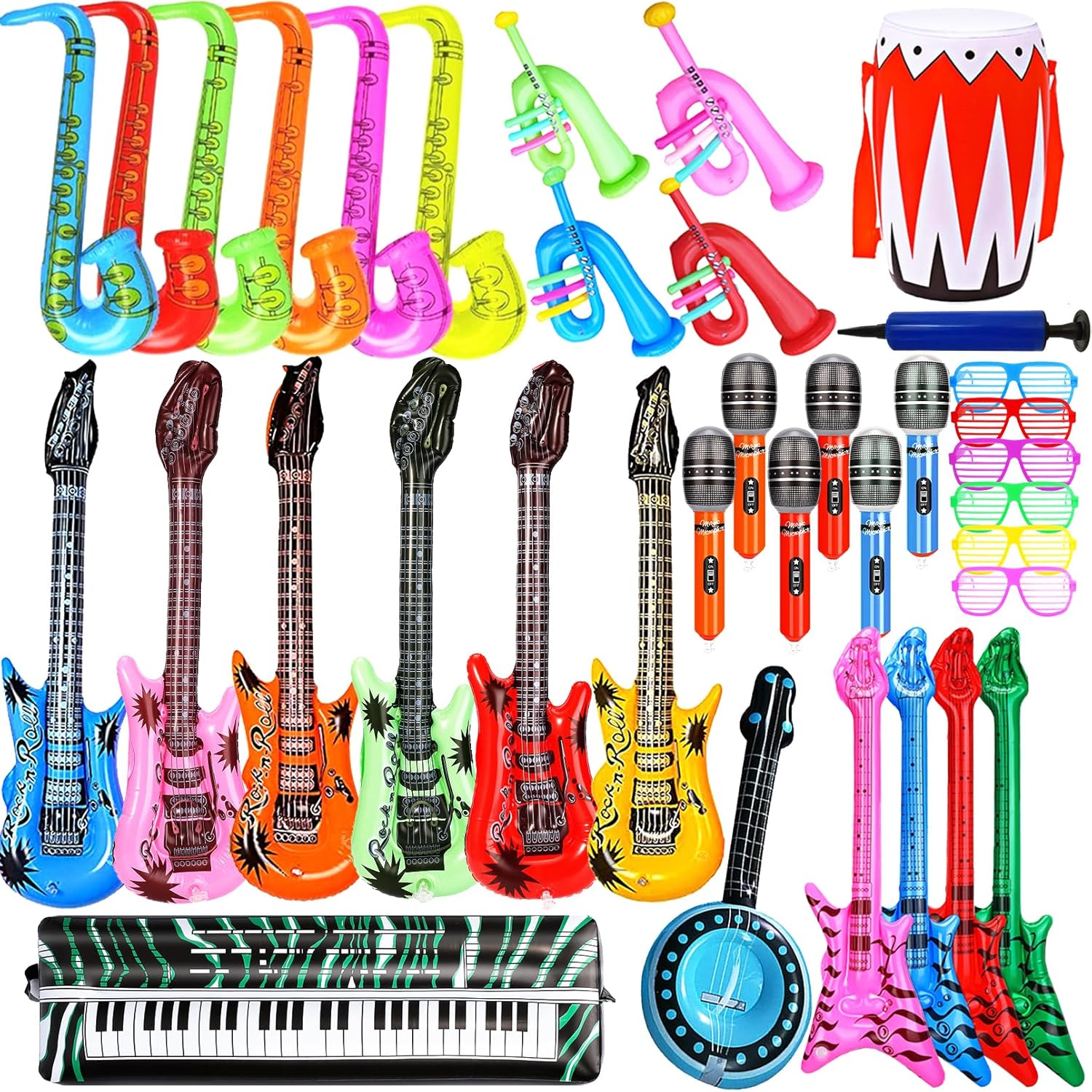 Inflatable Guitar Set - Rock Star Toy with Inflatable Guitar, Bass, Piano, Drum, Microphone and Saxophone