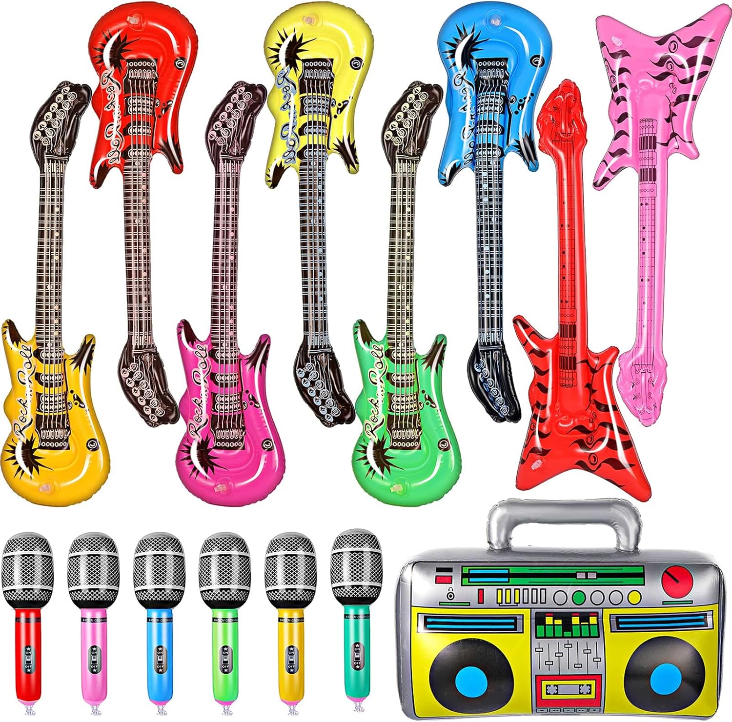 BBTO 15 Pcs Inflatable Rock Star Toy Set Party Props Musical Instrument Blow up Guitar Inflate 80s 90s Party Decorations Rock Band Bass Guitar Microphones Box Toys for Carnival Concert Favors